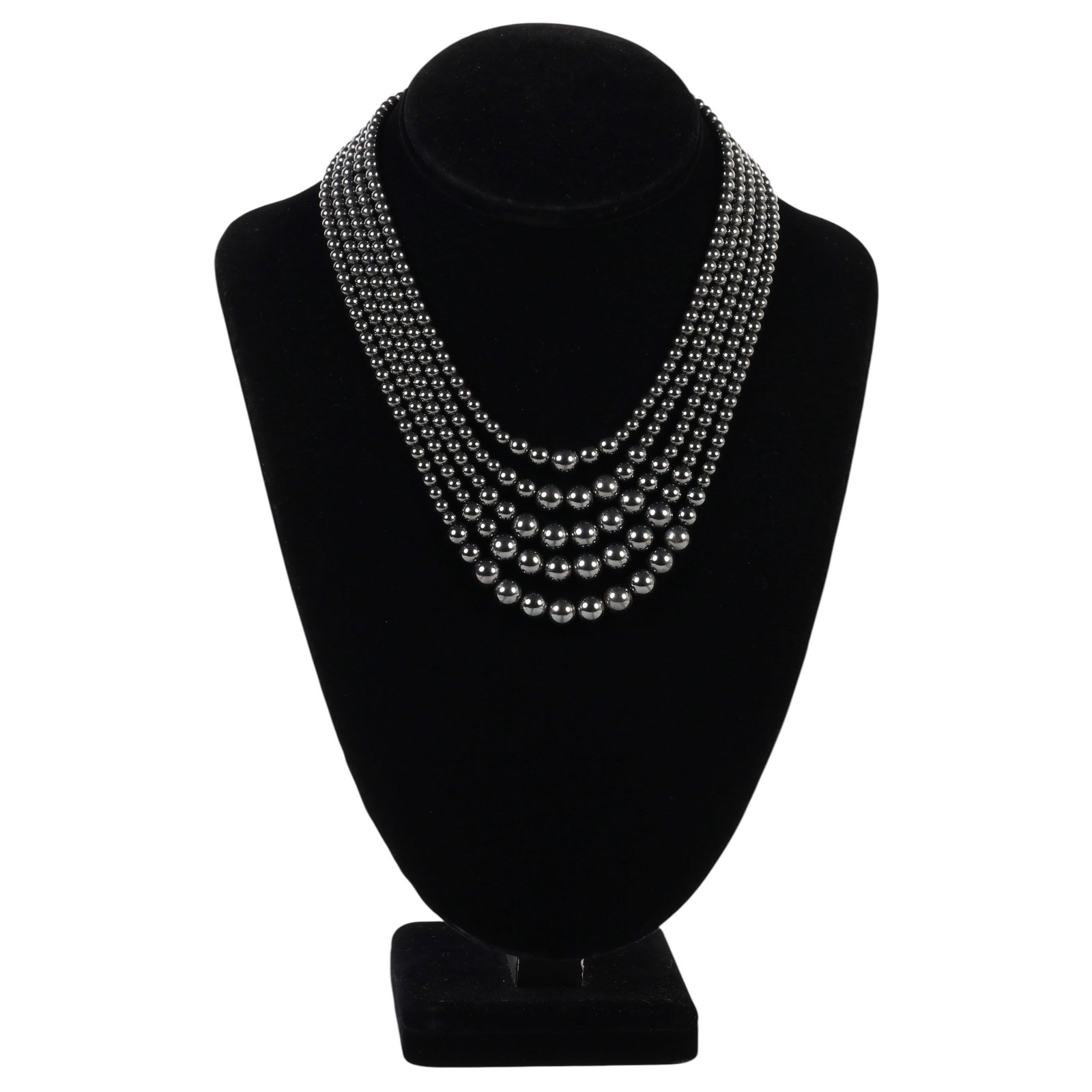Vintage 5 Strand Bead Necklace with Sterling Clasp: Vintage five-strand hematite bead necklace featuring graduated polished hematite beads arranged in draped festoon form. The necklace is completed with a sterling silver tube-style bar clasp stamped 92