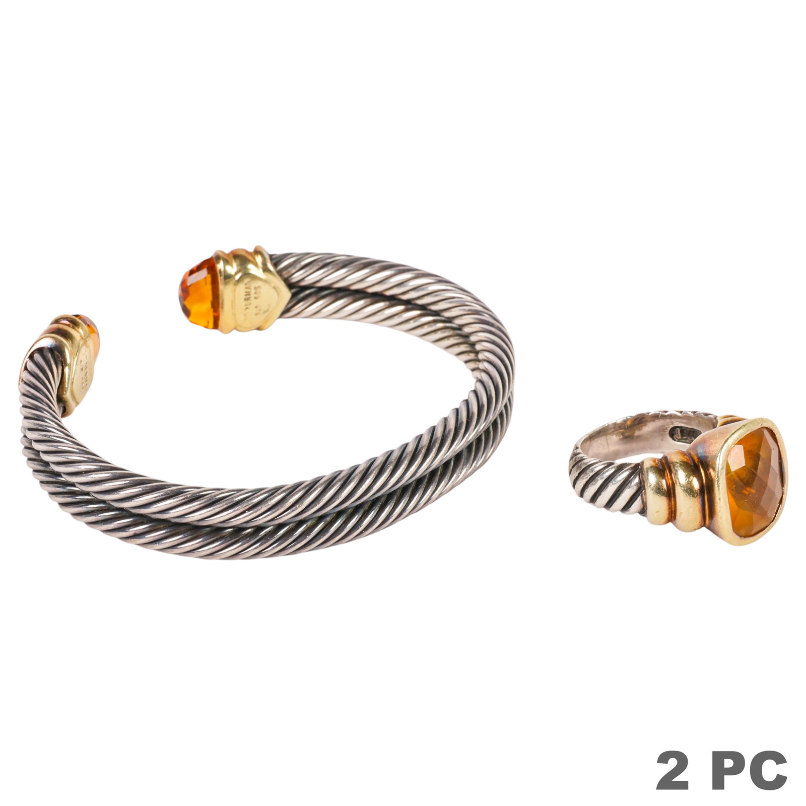 David Yurman Silver & 14k Citrine Ring & Bracelet: David Yurman designer ring and bracelet comprising sterling silver and 14K yellow gold Cable Classic citrine designs. The bracelet features David Yurman's iconic twisted cable motif accented by facete