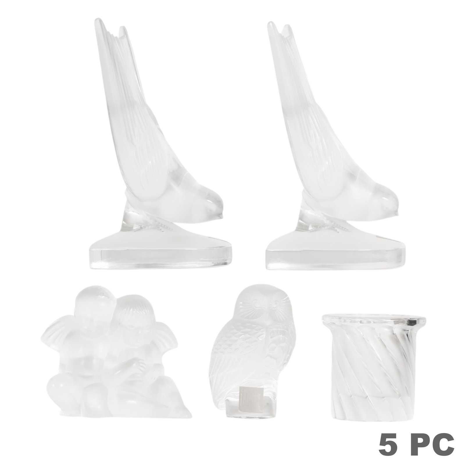 Lalique French Crystal Bookends Figure & MORE LOT: Lalique lot of five frosted and clear crystal art glass pieces comprising a pair of Hirondelle (Swallow) bird form bookends, a Chouette owl figurine, a Deux Anges (Two Angels) cherub figure, and a sma