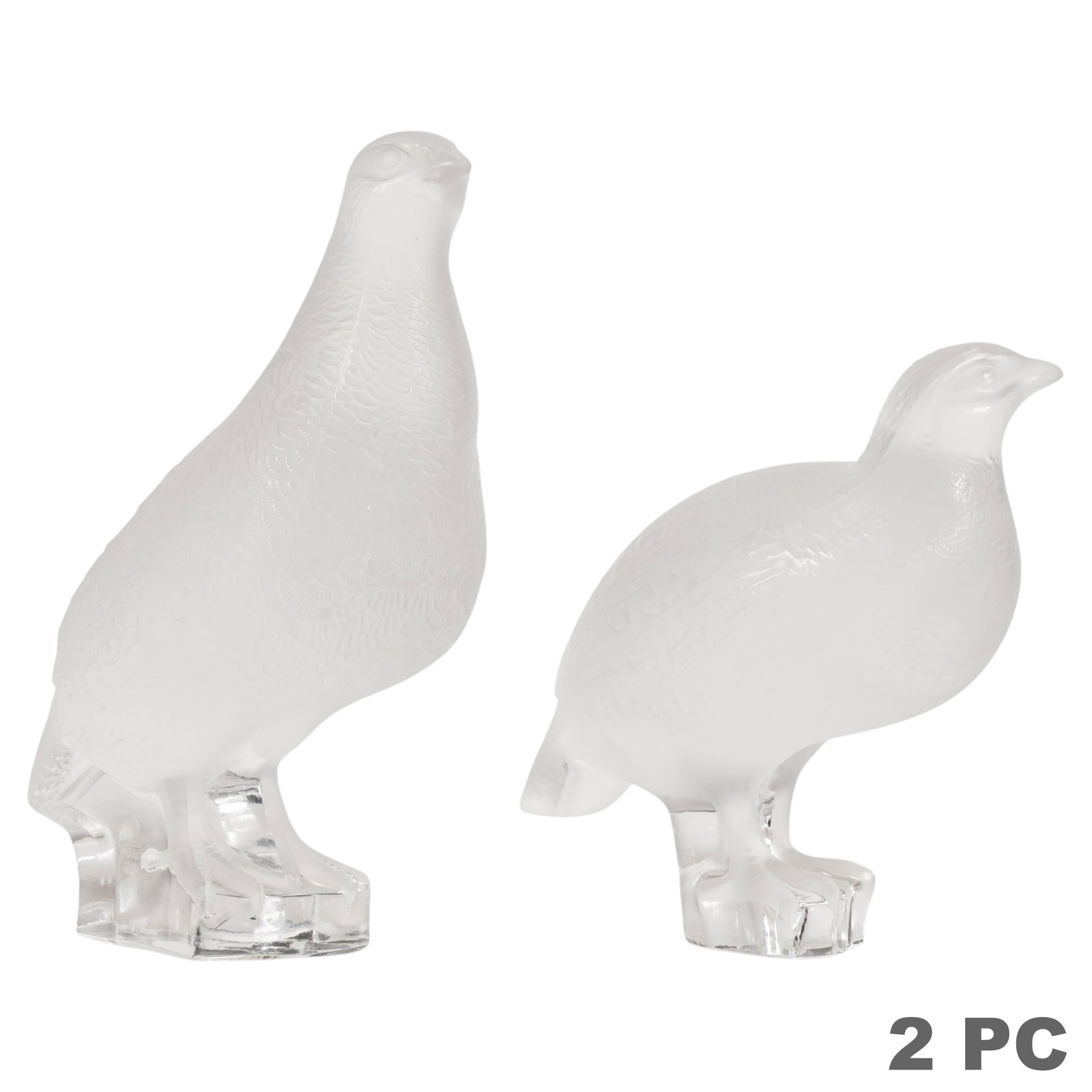 Lalique French Crystal Partridge Bird Figures LOT: Lalique France lot of two frosted and clear crystal quail bird figurines from the Perdrix (Partridge) series, each modeled standing on integral clear crystal bases with finely detailed feather decorat