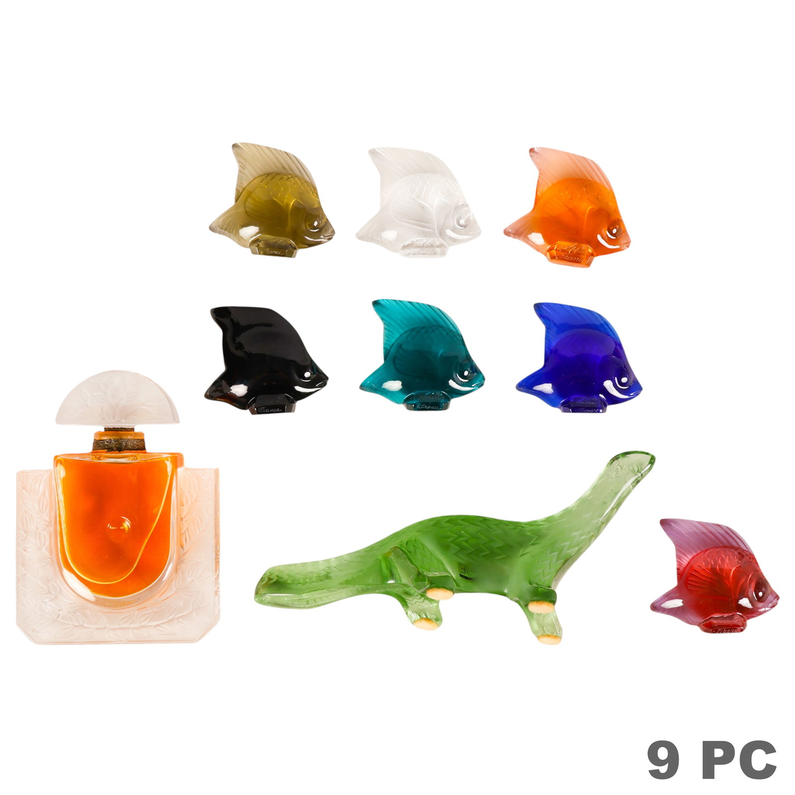 Lalique Perfume Fish and Dragon Figurines 9pc LOT: Lalique France nine piece crystal estate collection comprising a Chevrefeuille (Honeysuckle) Tree of Life perfume bottle retaining fragrance contents and featuring a frosted crystal stopper with molde