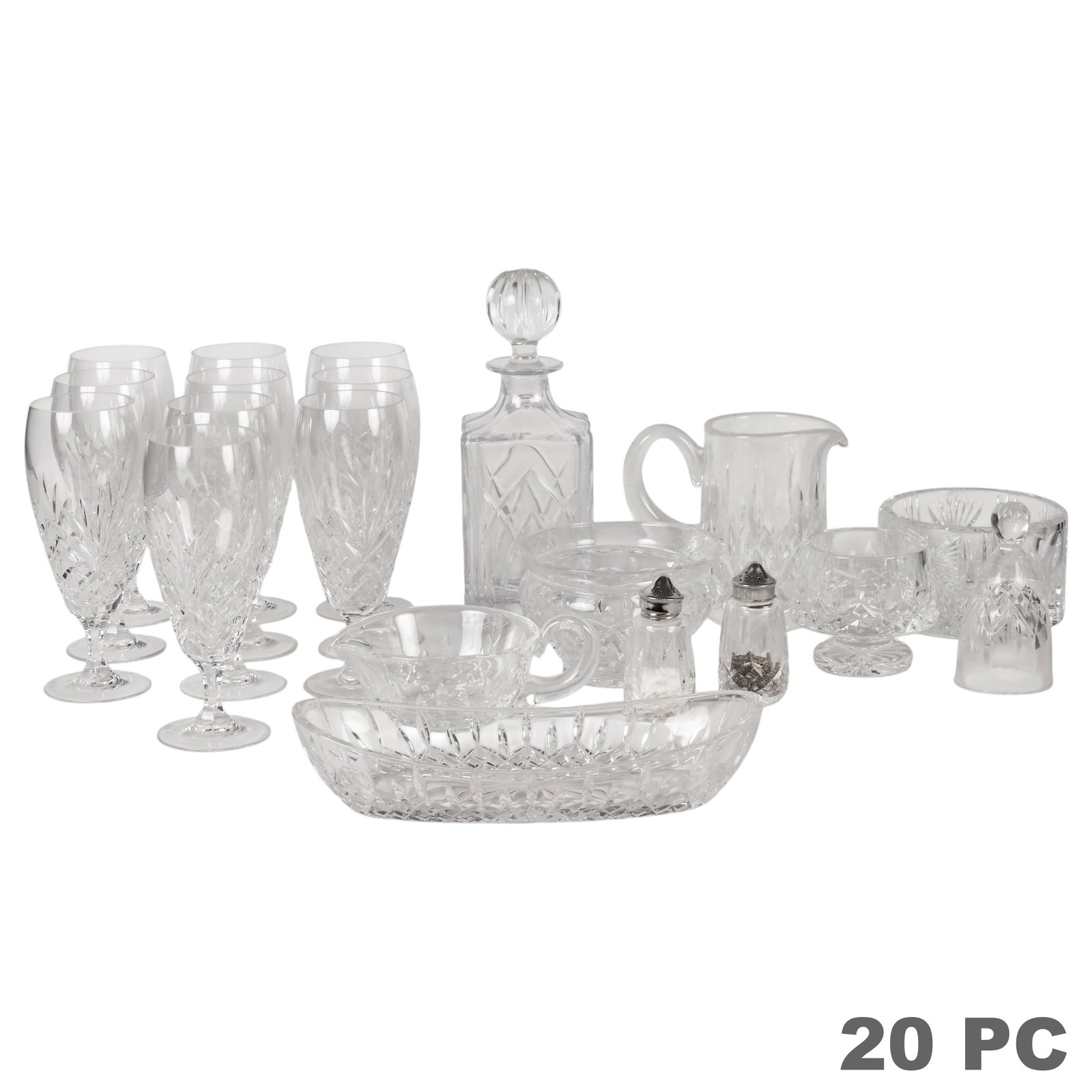 Waterford Crystal Glass Bowls Bell & More 20pc LOT: Nineteen-piece Waterford Crystal estate lot comprising one square form decanter with stopper, one pair of crystal salt and pepper shakers with silver tops, one oval relish dish, one small water pitche