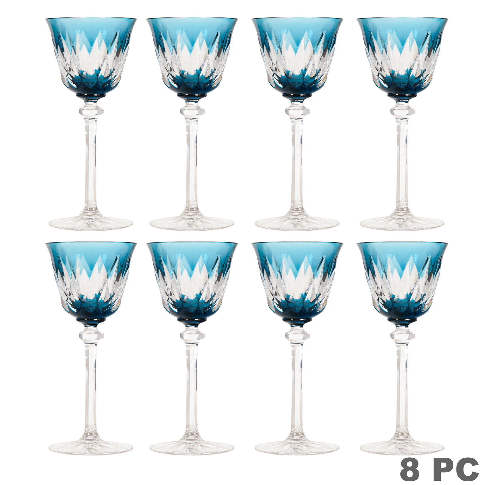 St Louis French Crystal Cut To Clear Stemware 8pc: Set of eight French Saint Louis cut-to-clear crystal stemmed wine glasses featuring aqua cobalt blue cut-to-clear bowls with deep faceted cutting, clear hexagonal knops and stems, and star-cut feet. A