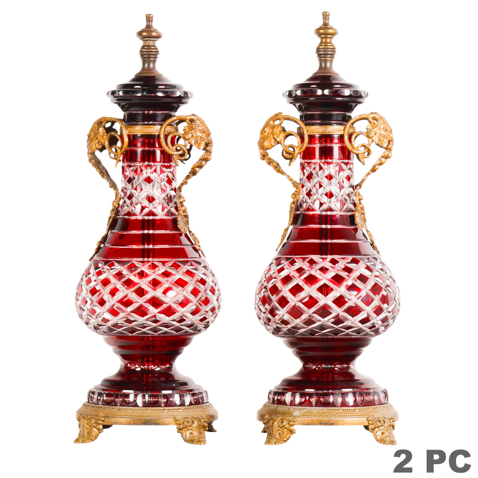 Antique Pair of Ruby Cut-to-Clear Glass Garnitures (1 of 6)