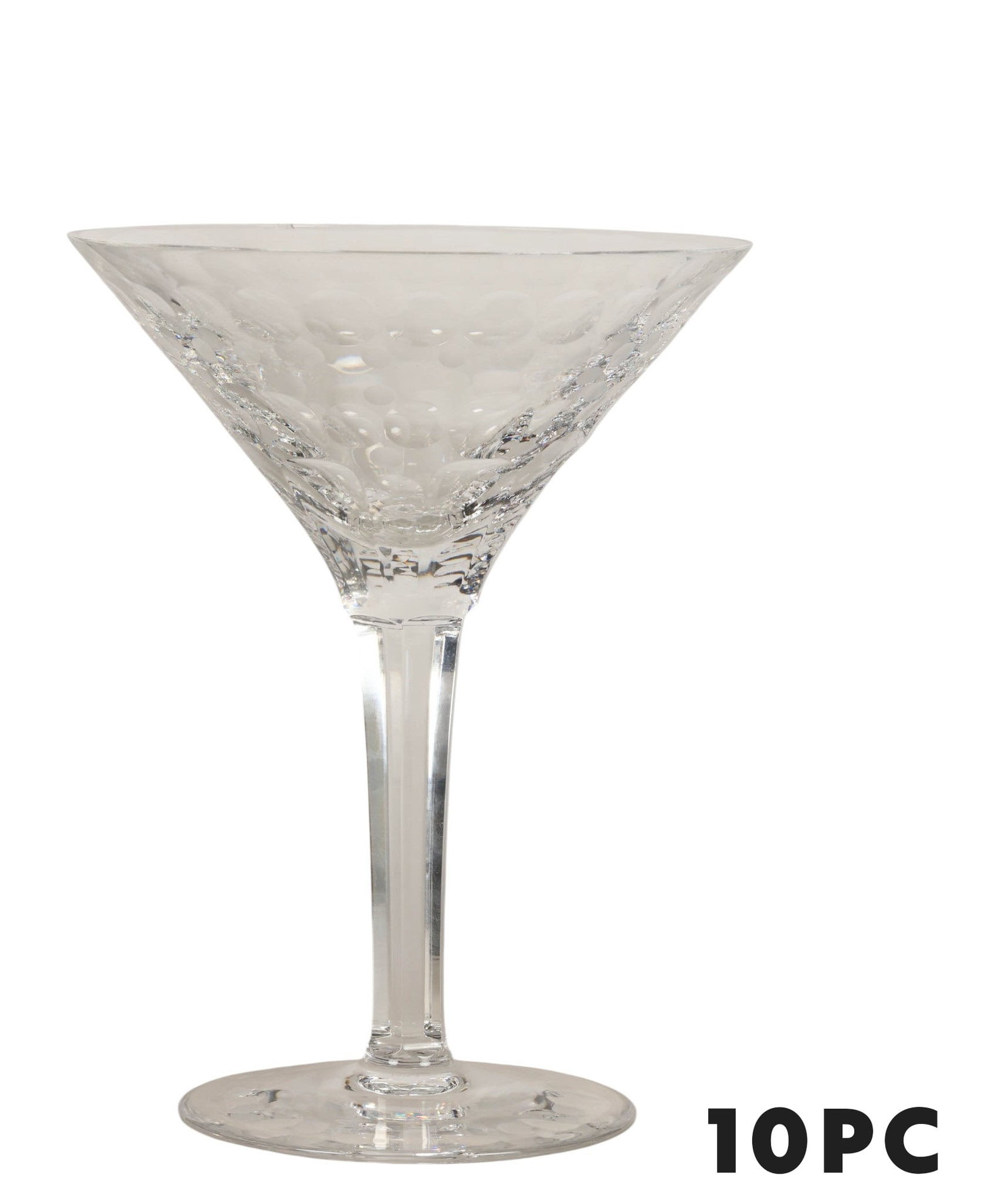 William Yeoward Ernestine Crystal Martini 10pc SET: William Yeoward Ernestine martini glasses, set of 10 each featuring a wide flared bowl with an etched and frosted polka dot pattern. The glasses rise on faceted stems with circular feet. Each example 