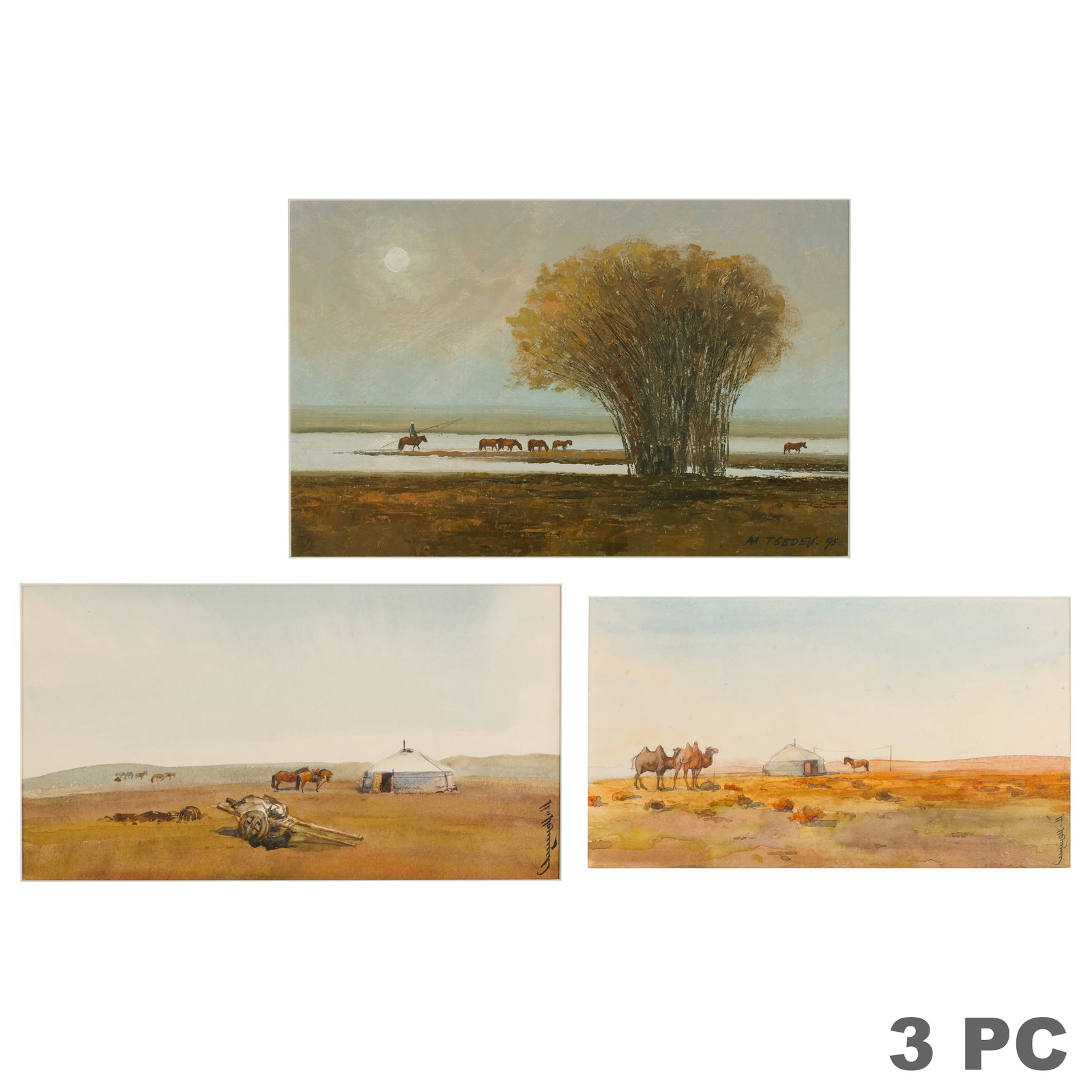 Rural Scene Landscape Cabinet Paintings 3pc SIGNED: Group of three framed small-format landscape paintings comprising two watercolor works by the same artist depicting pastoral and nomadic scenes with figures, livestock, and tents, each signed lower ri