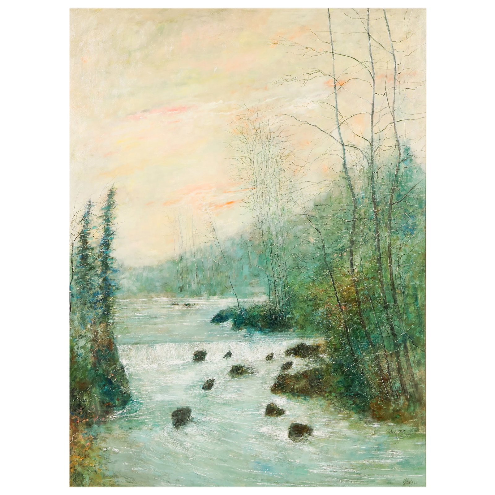Bernard Gantner 1928-2018 Landscape Oil Painting: Bernard Gantner (French, 1928-2018), oil on canvas depicting a rural landscape with a river bordered by trees and wooded banks beneath a sky. Signed lower right "Gantner." Retains a brass artist plaqu