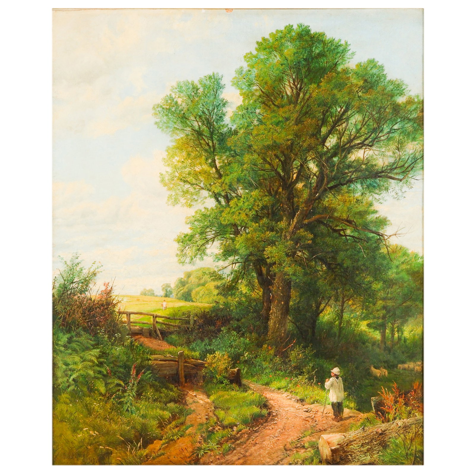 Frederick W Hulme 1816-1884 Landscape Oil Painting: Frederick William Hulme (English, 1816-1884), Minding Sheep, oil on canvas depicting a pastoral landscape with a winding country path, trees, and a shepherd tending sheep in the foreground. Verso reta