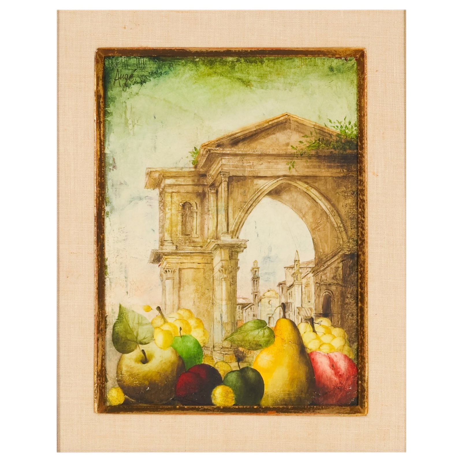 Philippe Auge b.1935 Landscape Still Life Painting: Philippe Auge (French, born 1935), oil on canvas painting depicting a classical architectural archway opening onto a cityscape vista, with a foreground still life arrangement of pears, grapes, and cit
