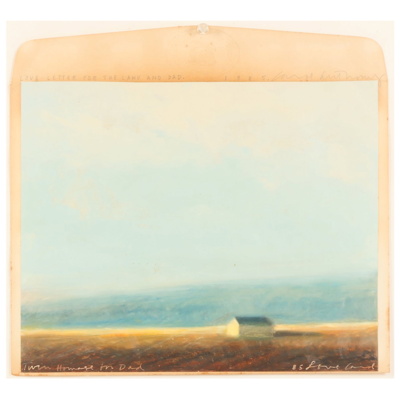 Carol Anthony b.1943 Love Letter for Dad Landscape: Carol Anthony (American, born 1943), Love Letter for the Land and Dad (Twin House in Dad), 1985, oil crayon and mixed media on paper depicting a minimalist landscape with a small white structure benea
