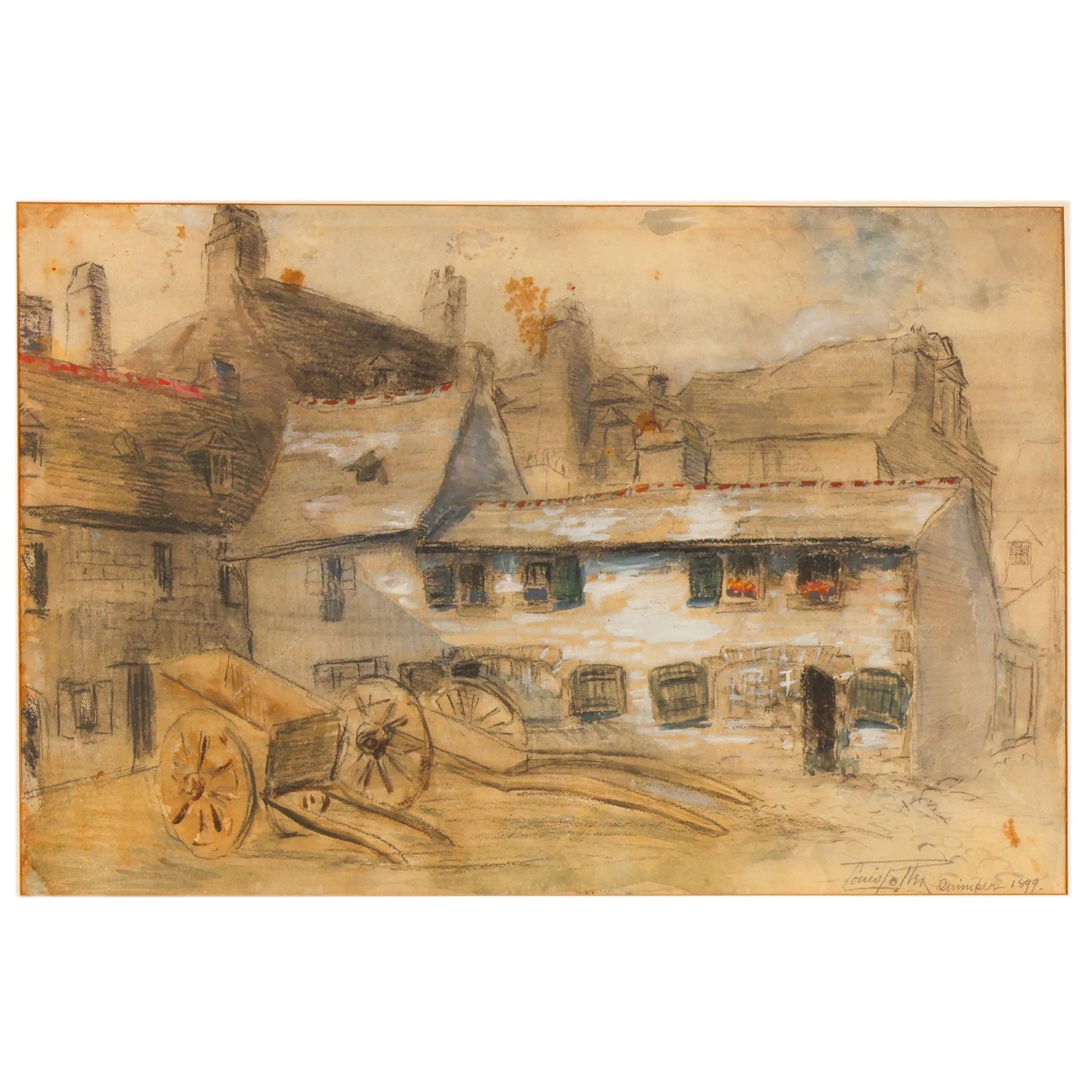 Louis Potter 1873-1912 Village Watercolor Painting: Louis McClellan Potter (American/French, 1873-1912), Village Street Scene, 1899 watercolor and graphite on paper depicting a village streetscape with cottages and a cart in the foreground. Executed in