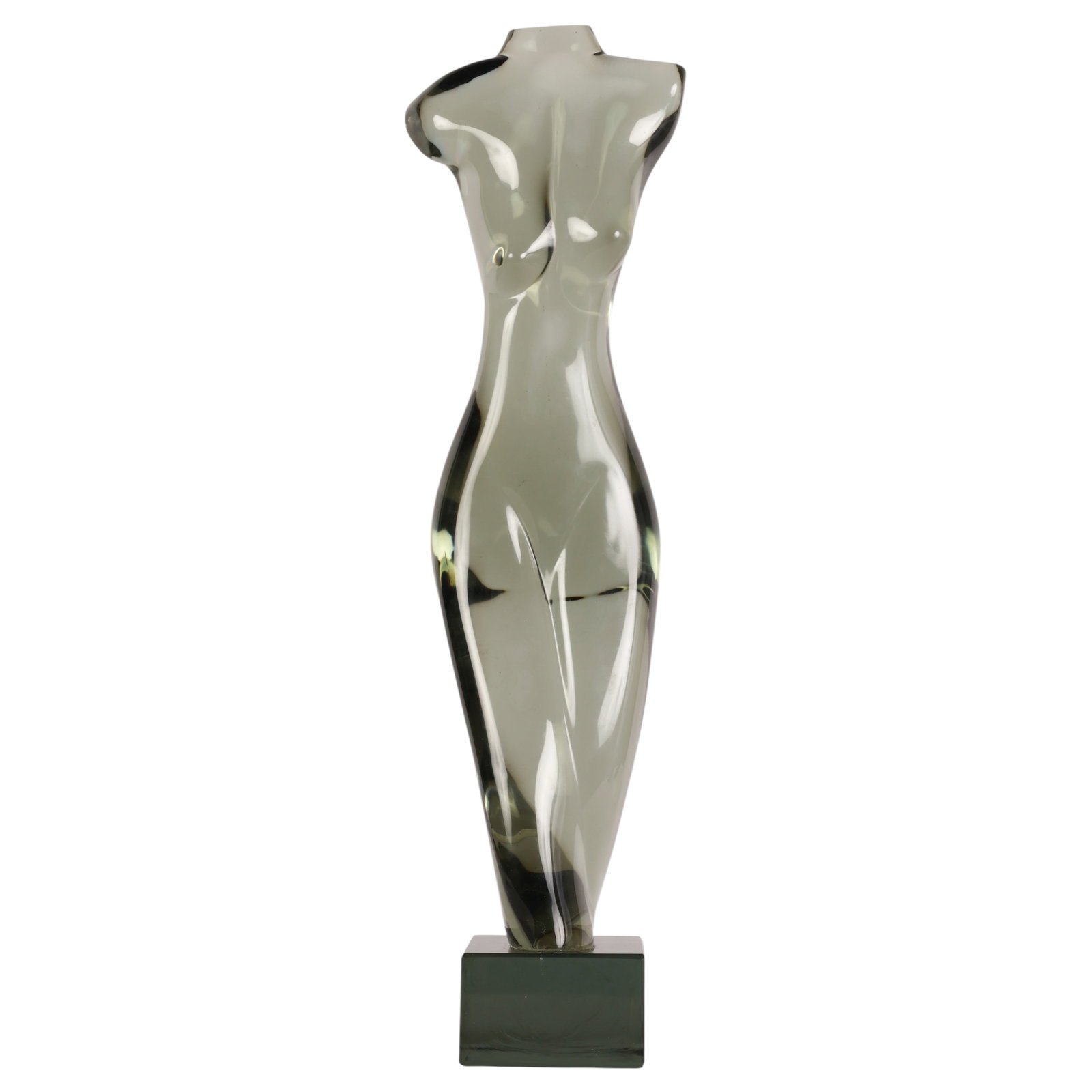 Ermanno Nason 1928-2013 Murano Glass Sculpture: Ermanno Nason (Italian, 1928-2013), modern art glass female nude torso sculpture executed in smoky gray glass and mounted on an integral square plinth base. The elongated stylized figure is rendered i
