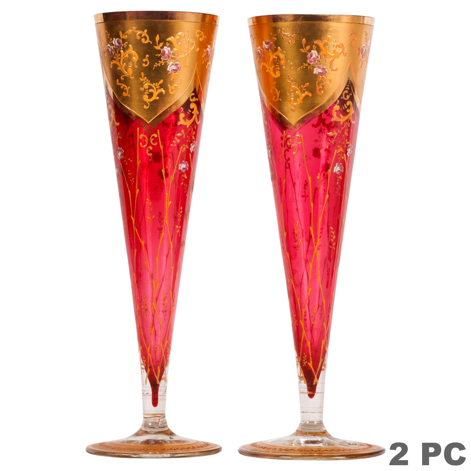 Moser Pair of Cranberry and Gilt Art Glass Vases: Pair of antique Bohemian Moser style trumpet-form glass vases in cranberry coloration featuring gilt decoration with floral sprays, scrolling foliate motifs, and gilt-highlighted panels. Raised on cir