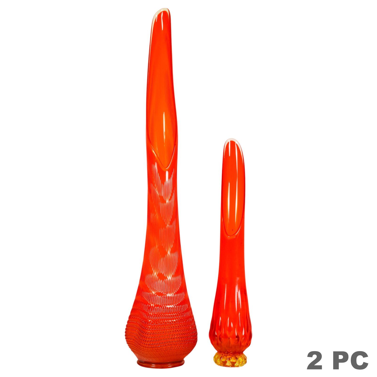 L.E. Smith Nubby Butt and Amberina Swung Vase LOT: Lot of two vintage Mid Century Modern (MCM) amberina art glass swung ribbed vases. Includes one Nubby Butt example attributed to L.E. Smith, featuring a tall freeform swung neck with an oval mouth, ve