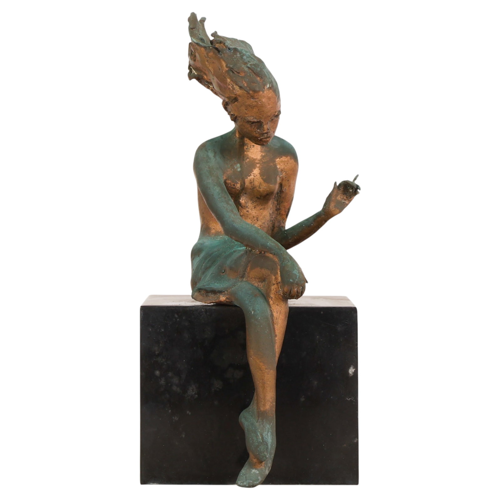 Modern Bronze Smoking Lady on Marble Base SIGNED: Bronze figural sculpture depicting a seated semi nude female figure with elongated proportions and expressive modeling, perched atop a polished black marble cube base. The figure displays a verdigris 
