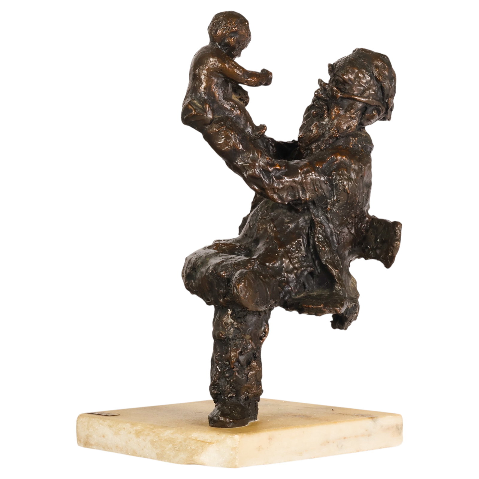 Irwin Hyman b.1923 Zayda Bronze Figural Sculpture: Irwin Hyman (American, born 1923), Zayda, bronze figural sculpture depicting a seated grandfather holding a child, mounted on a stone base with a brass title plaque. Signed in the bronze and identifie