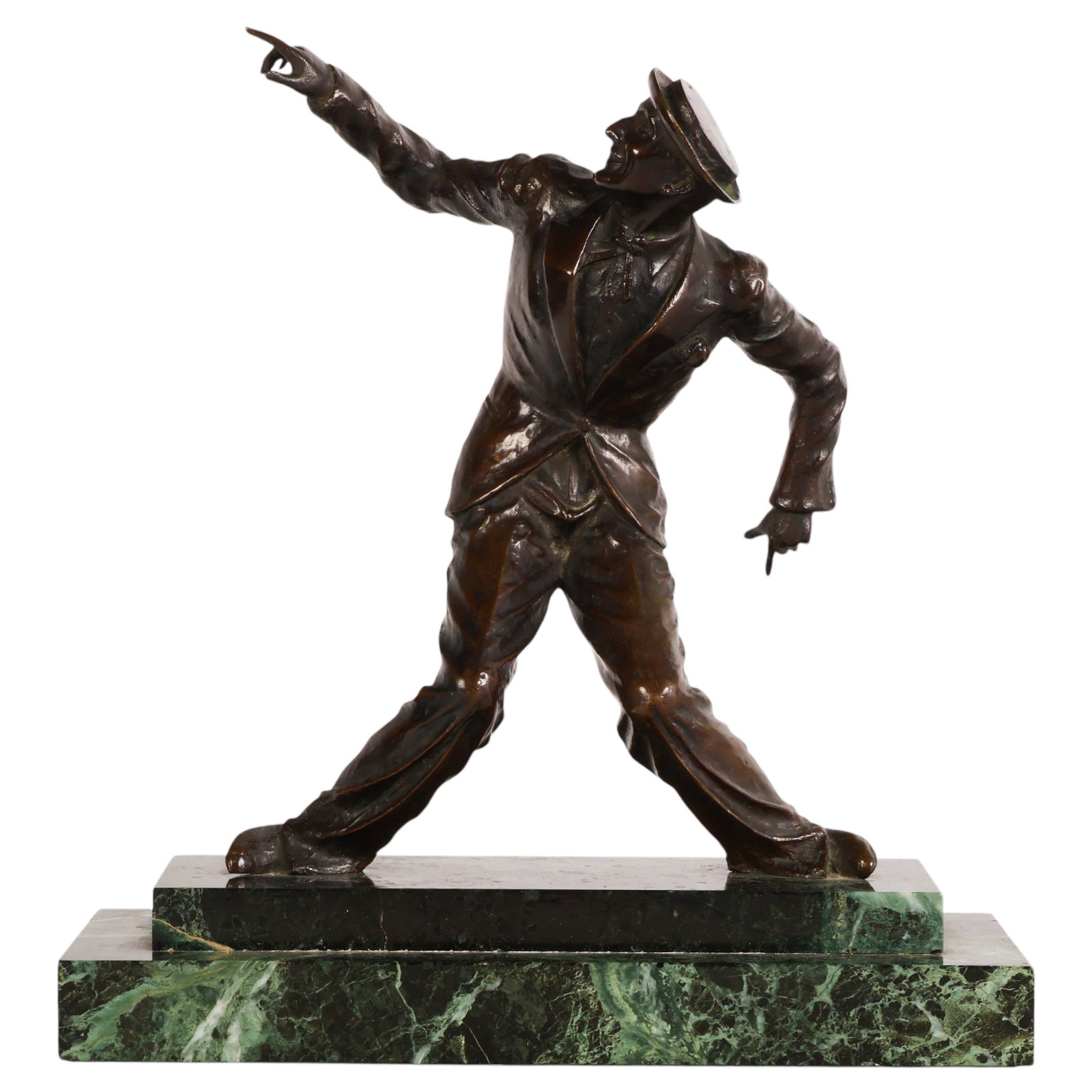 Bronze Dancing Man in Hat Sculpture on Marble Base: Bronze sculpture depicting a male dancer or performer captured in motion with one arm extended and the body leaning forward, mounted on a stepped green marble plinth. Executed in an Art Deco style wit