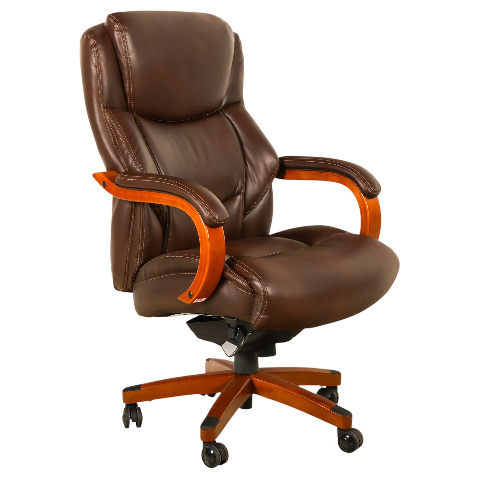 La-Z-Boy Bonded Leather "Executive" Office Chair: La-Z-Boy bonded leather executive swivel office chair featuring brown leather upholstery with a padded segmented back and seat, curved bentwood-style arms with upholstered armrests, a height-adjustabl