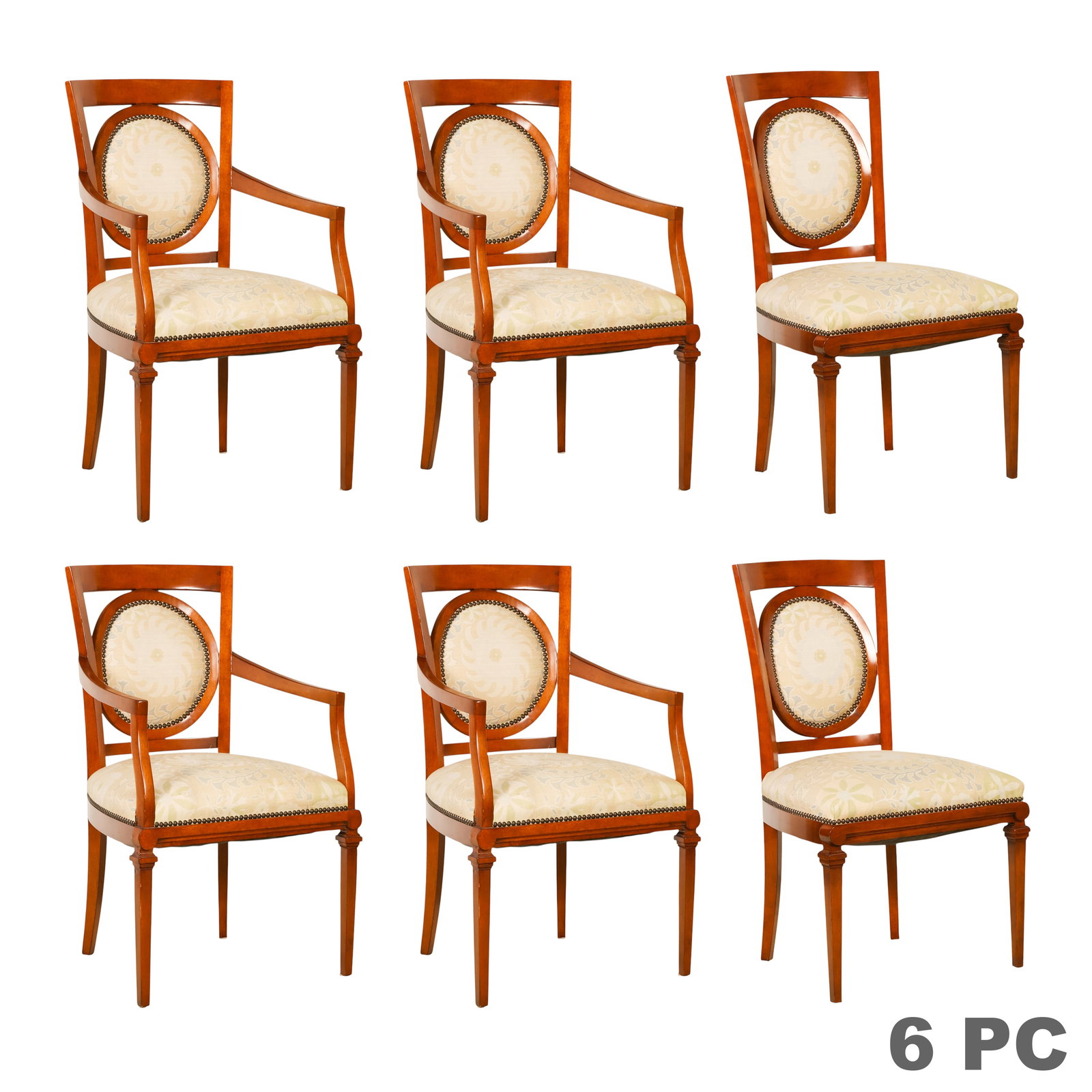 Louis XVI Style Upholstered Dining Chairs 6pc SET: Set of six Neoclassical Revival style dining chairs comprising four armchairs and two side chairs. Each chair features a wood frame with a curved crest rail, oval upholstered back with nailhead trim, 
