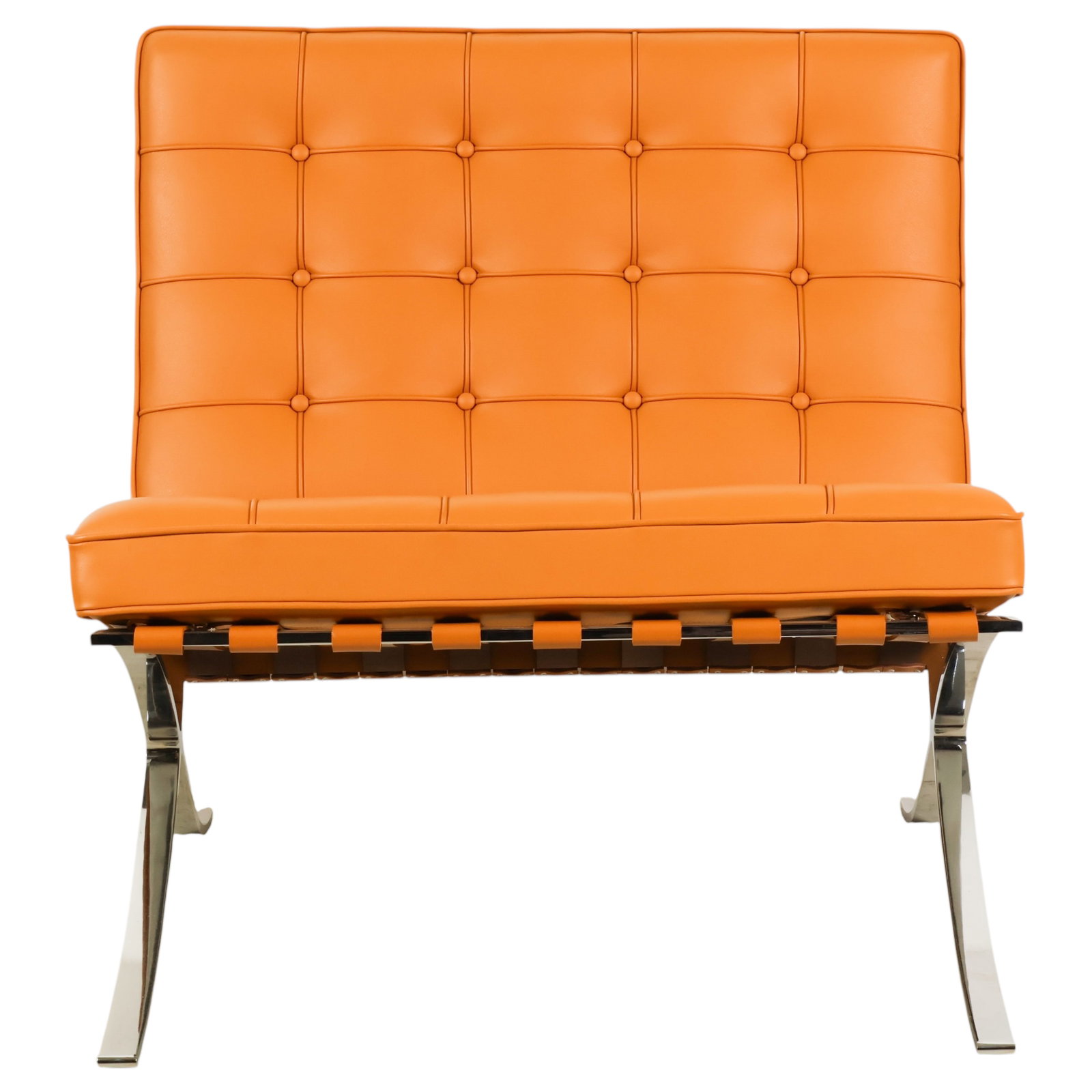 Knoll Mies Van Der Rohe Leather Barcelona Chair: Ludwig Mies van der Rohe for Knoll, Barcelona chair upholstered in camel/tan leather with the model's characteristic hand-tufted cushion construction and leather strap supports. Raised on a polished c