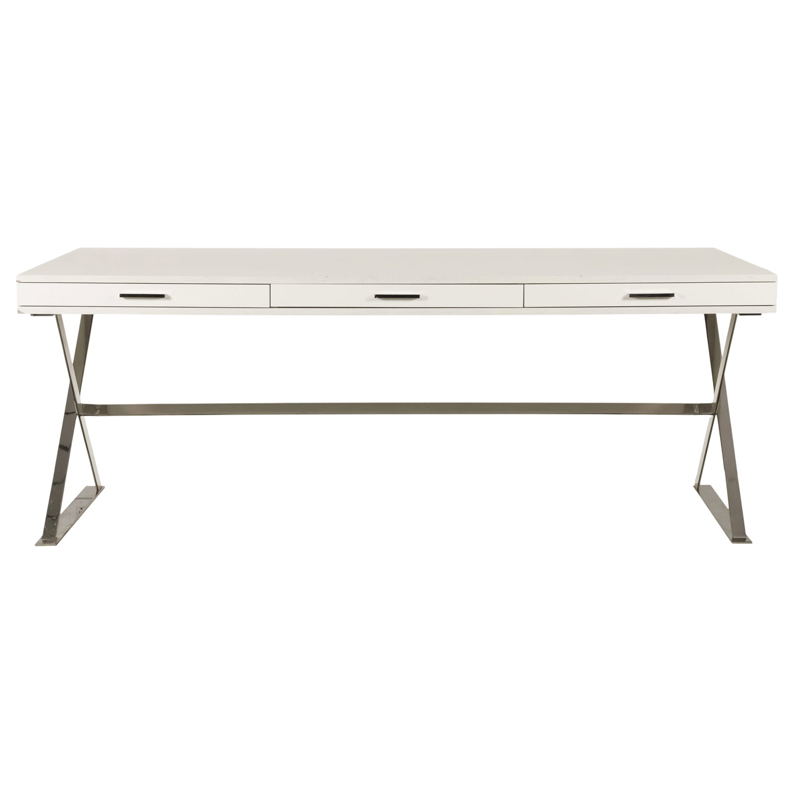 Modern White Lacquer Wood & Chrome Executive Desk: Modern luxury executive desk featuring a thick rectangular natural wood grain top with a white lacquered finish, three concealed storage drawers fitted with chrome bar pulls, and polished chrome X for