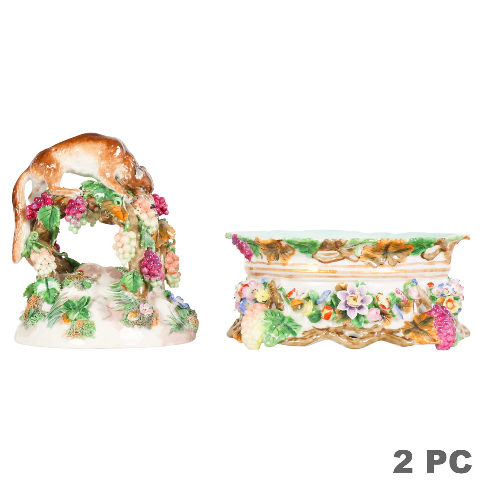 19C Antique Meissen Porcelain Foliate Inkwell Box: Antique Meissen German porcelain covered double inkwell featuring a naturalistic fox perched atop an arching grapevine bower above a floral-encrusted base. The hand-painted and gilt-decorated form inc
