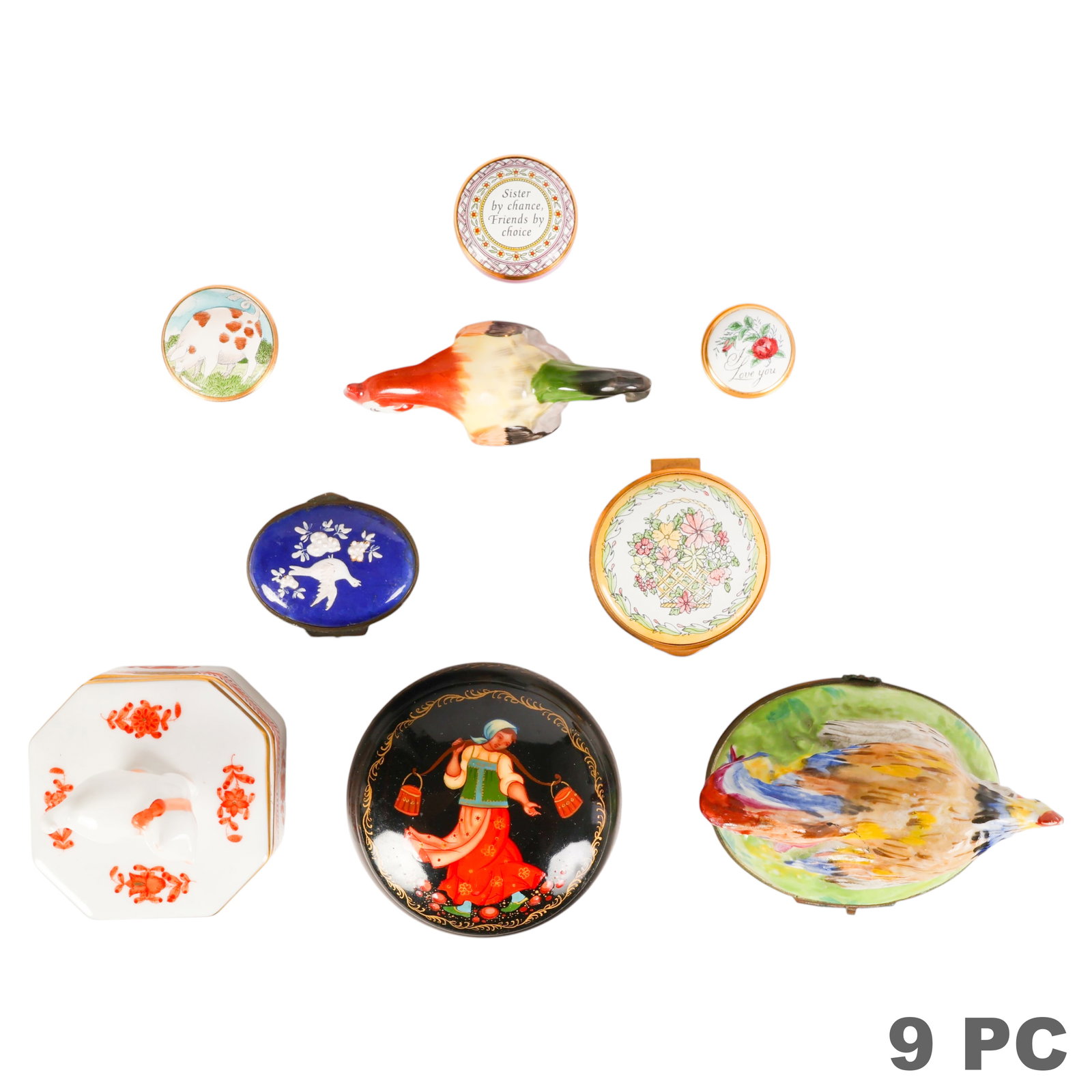 Antique Porcelain and Enamel Trinket Boxes 9pc LOT: 9-piece estate lot comprising decorative trinket boxes and one porcelain figurine. Included are a Russian hand-painted lacquered wood box with figural decoration; an octagonal Herend Hungary porcelain