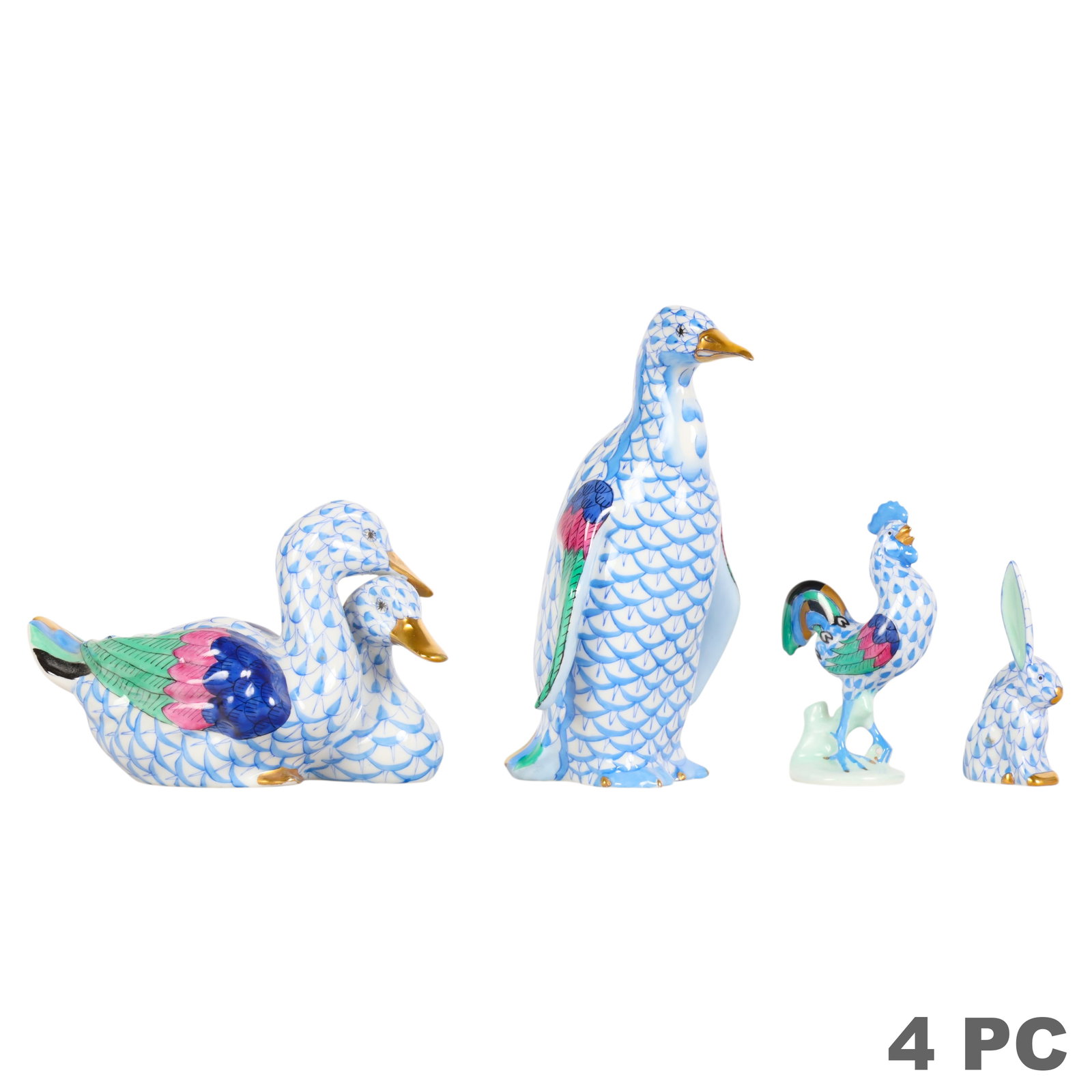 Herend Blue Fishnet Birds Rabbit & Rooster 4pc LOT: Four Herend Hungarian hand-painted porcelain animal figures in the blue fishnet pattern with gilt accents, comprising a rabbit, rooster, duck, and standing penguin figure. Each piece features the char