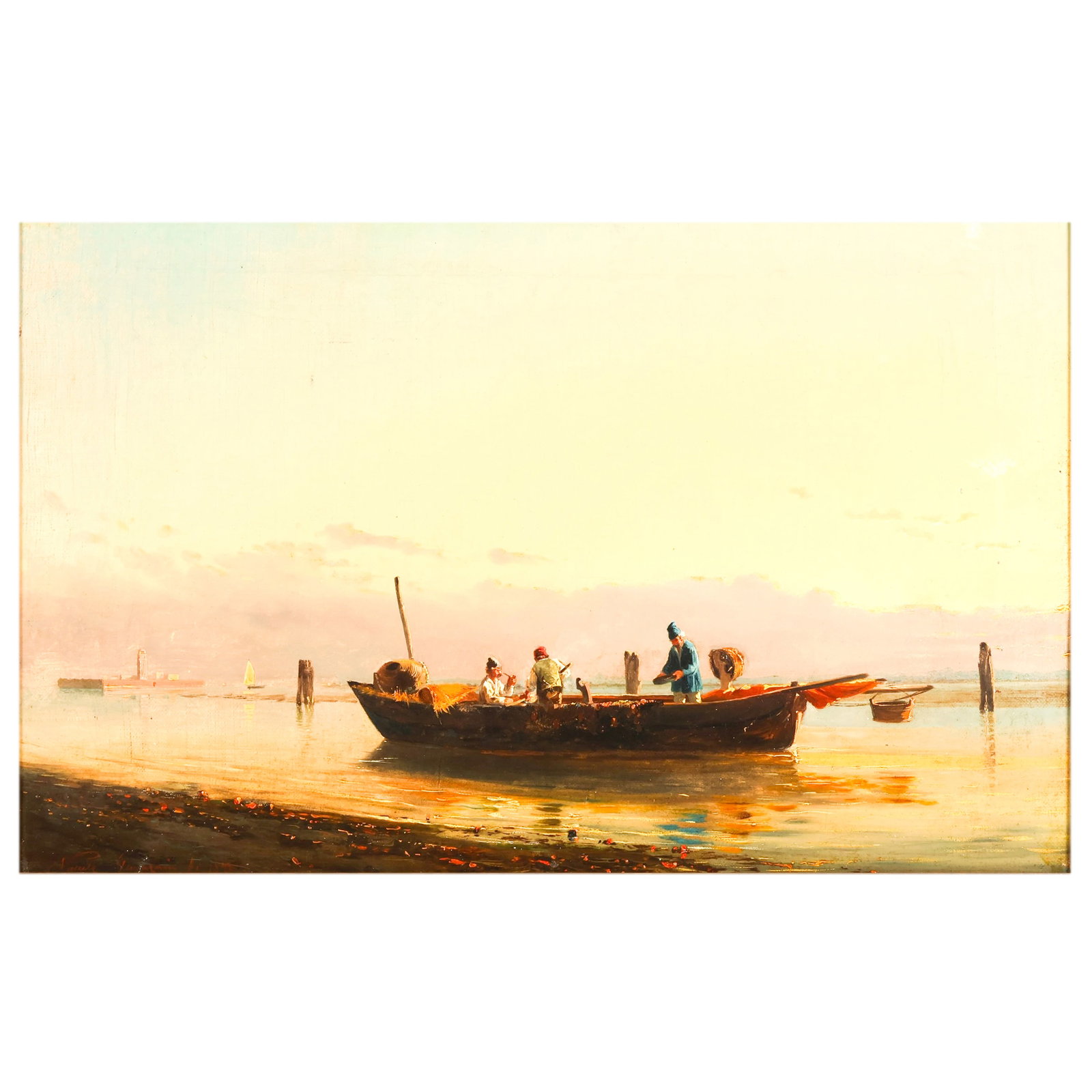 Natale Gavagnin 1851-1923 Venetian Lagoon Painting: Natale Gavagnin (Italian, 1851-1923), Laguna Veneziana, oil on board depicting Venetian fishermen aboard a boat in the waters of the Venetian Lagoon, with sailboats and shoreline structures in the dis