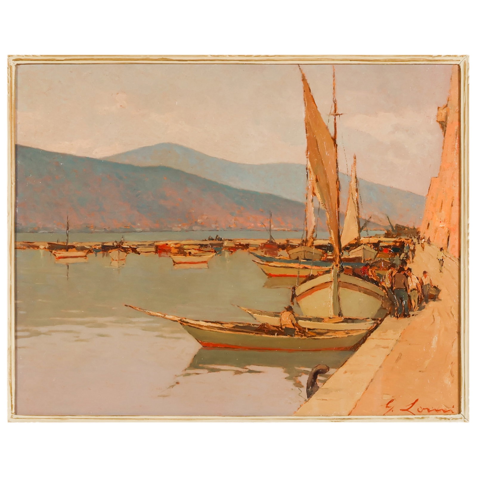 Giovanni Lomi 1889-1969 Maritime Coastal Painting: Giovanni Lomi (Italian, 1889-1969), Portoferraio Darsena, oil on masonite board depicting a Mediterranean coastal harbor scene with sailboats moored along the waterfront at Portoferraio on the island 