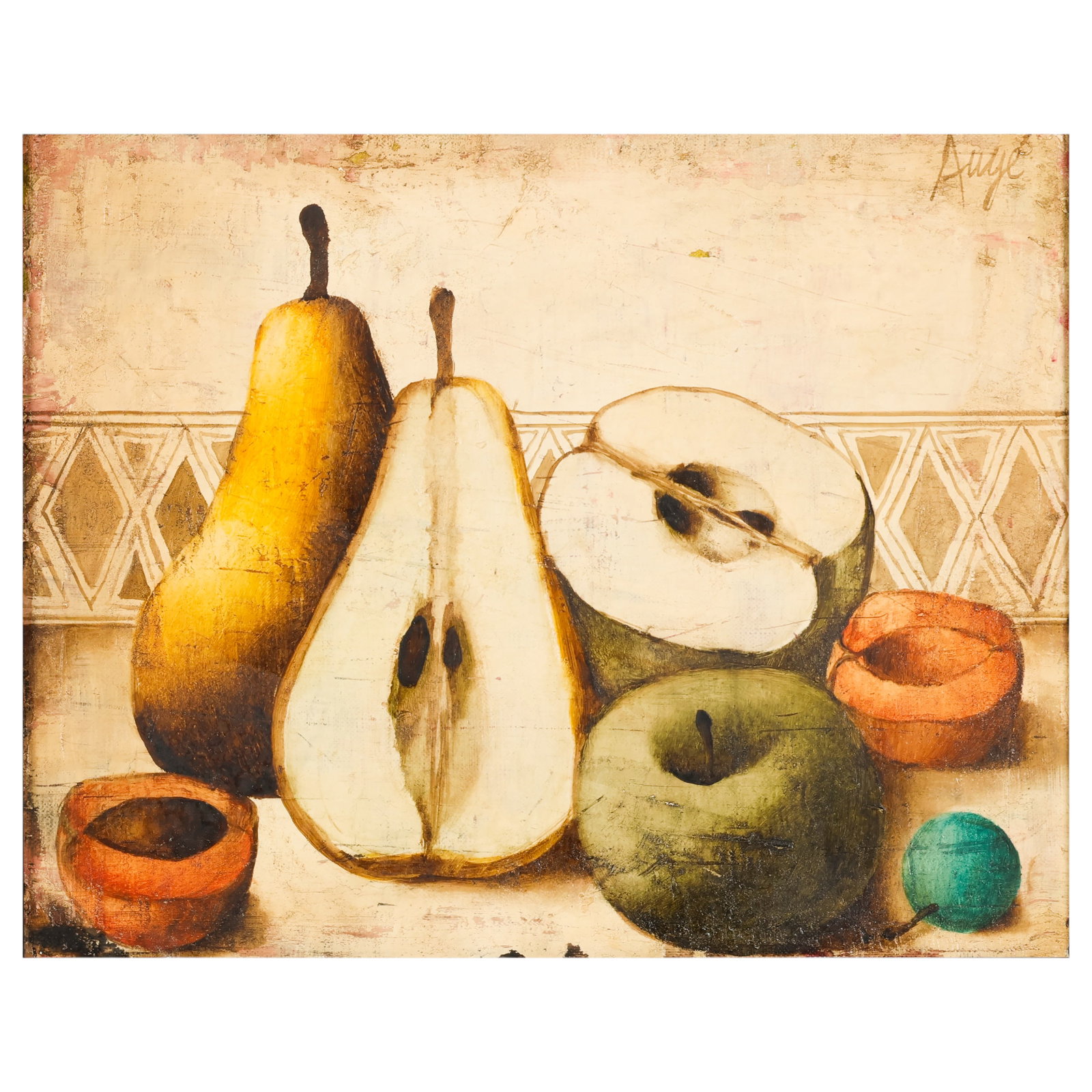 Philippe Auge b.1935 Pears in Still Life Painting: Philippe Auge (French, born 1935), oil on canvas still life painting depicting a tabletop arrangement of pears, a sliced pear, an apple, and small bowls rendered in the artist's characteristic contemp
