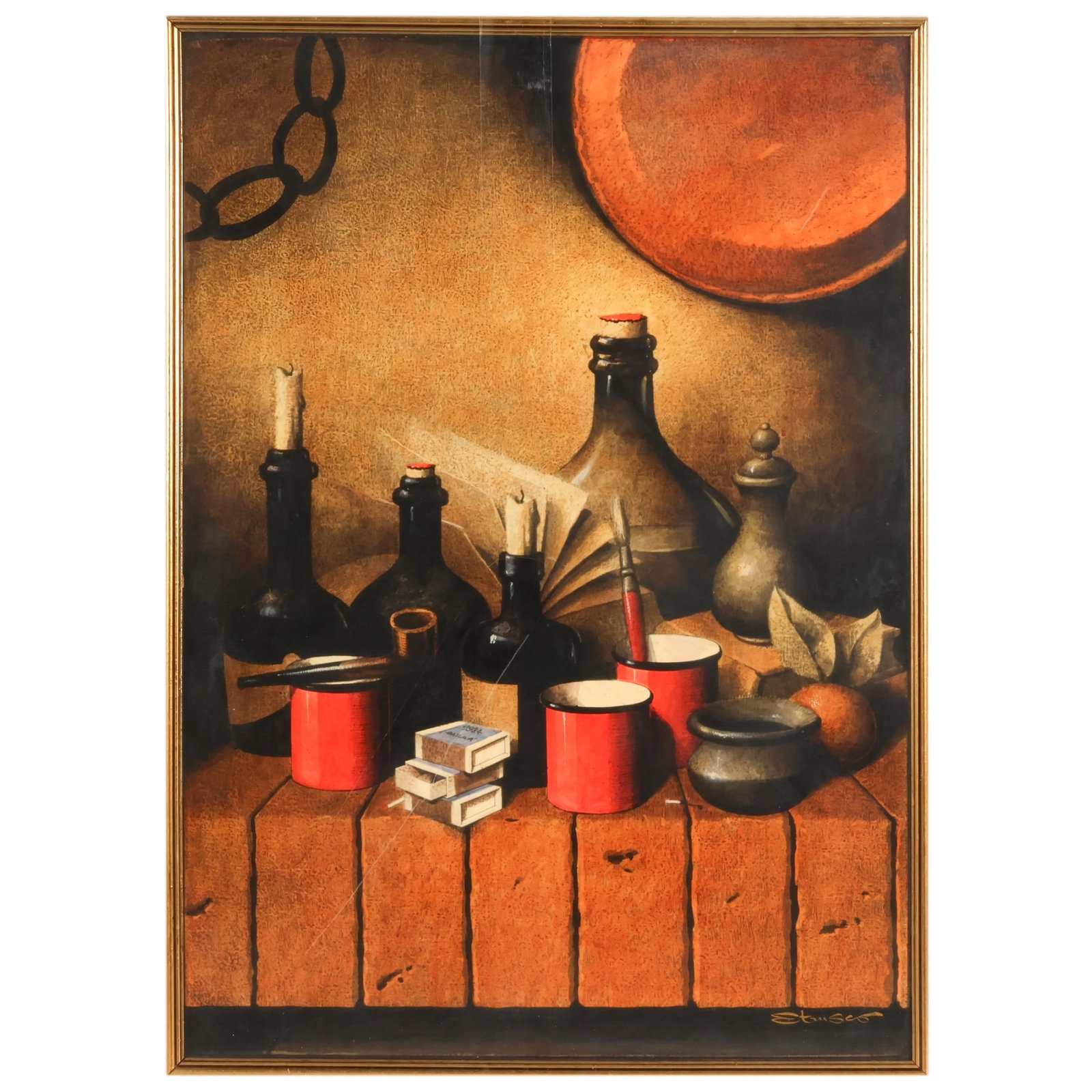 Ferdinando Baldi 1924-2007 "Still Life" Painting: Ferdinando Baldi, known as Etrusco (Italian, 1924-2007), encaustic on wood panel depicting a still life composition with bottles, vessels, books, citrus fruit, and red cups arranged on a tabletop. Exe
