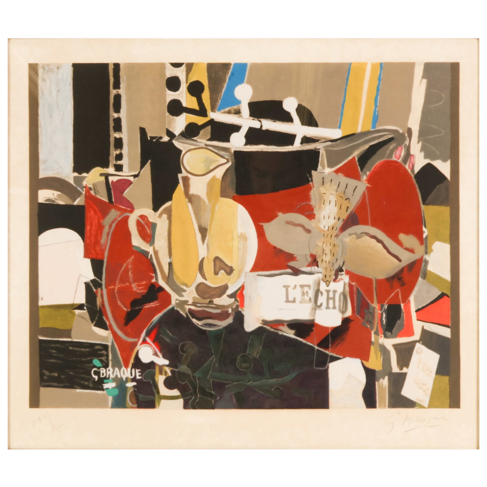 Georges Braque 1882-1963 "The Echo" Litho SIGNED: Georges Braque (French, 1882-1963), L'Echo (The Echo), color lithograph on paper depicting a Cubist still life arrangement of vessels, fruit, and tabletop objects incorporating the word LECHO within t