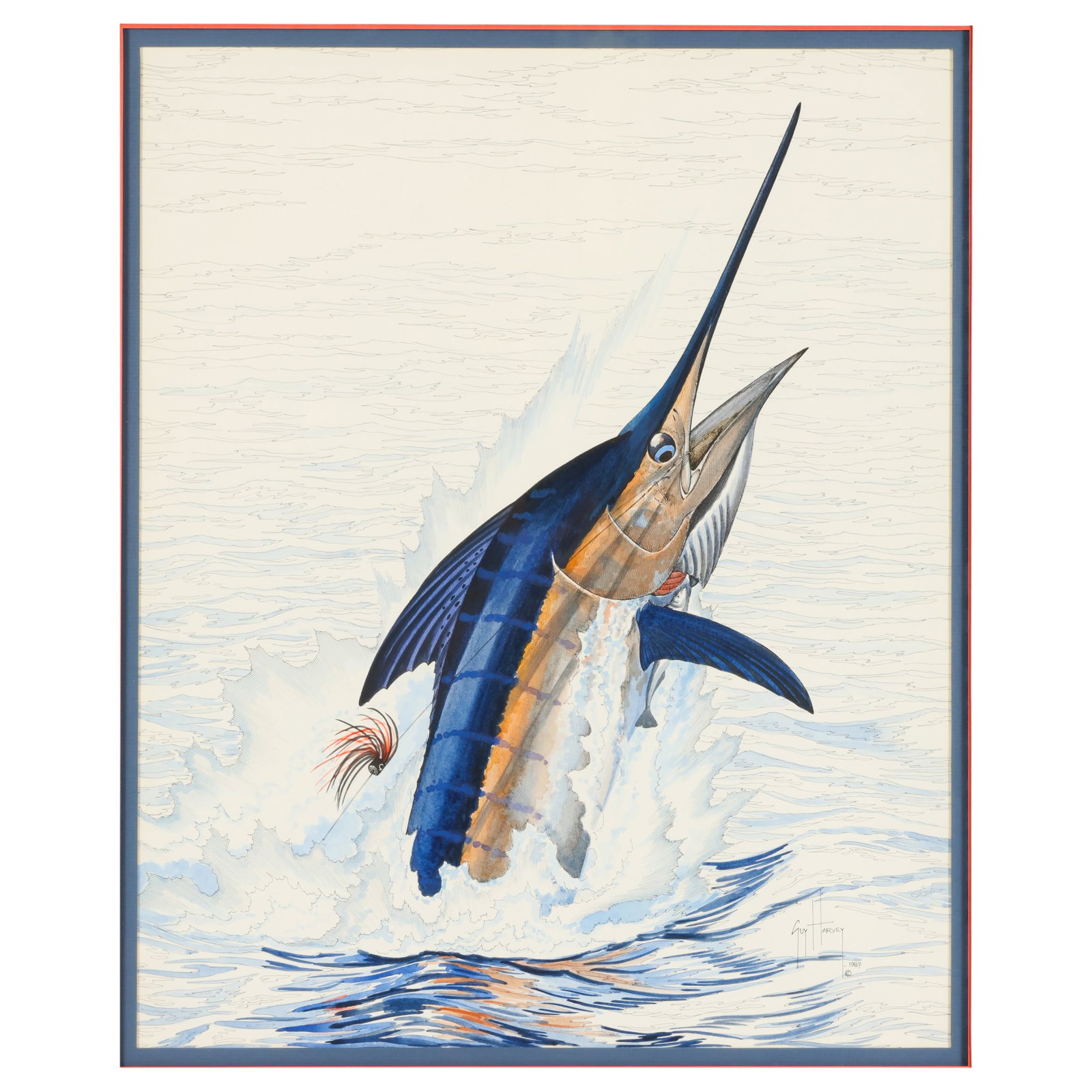 Guy Harvey b.1955 Blue Marlin Watercolor Painting: Guy Harvey (American, born 1955), ink and watercolor on paper depicting a leaping blue marlin breaking through the ocean surface with a fishing lure visible. Signed and dated 1987 lower right. Present