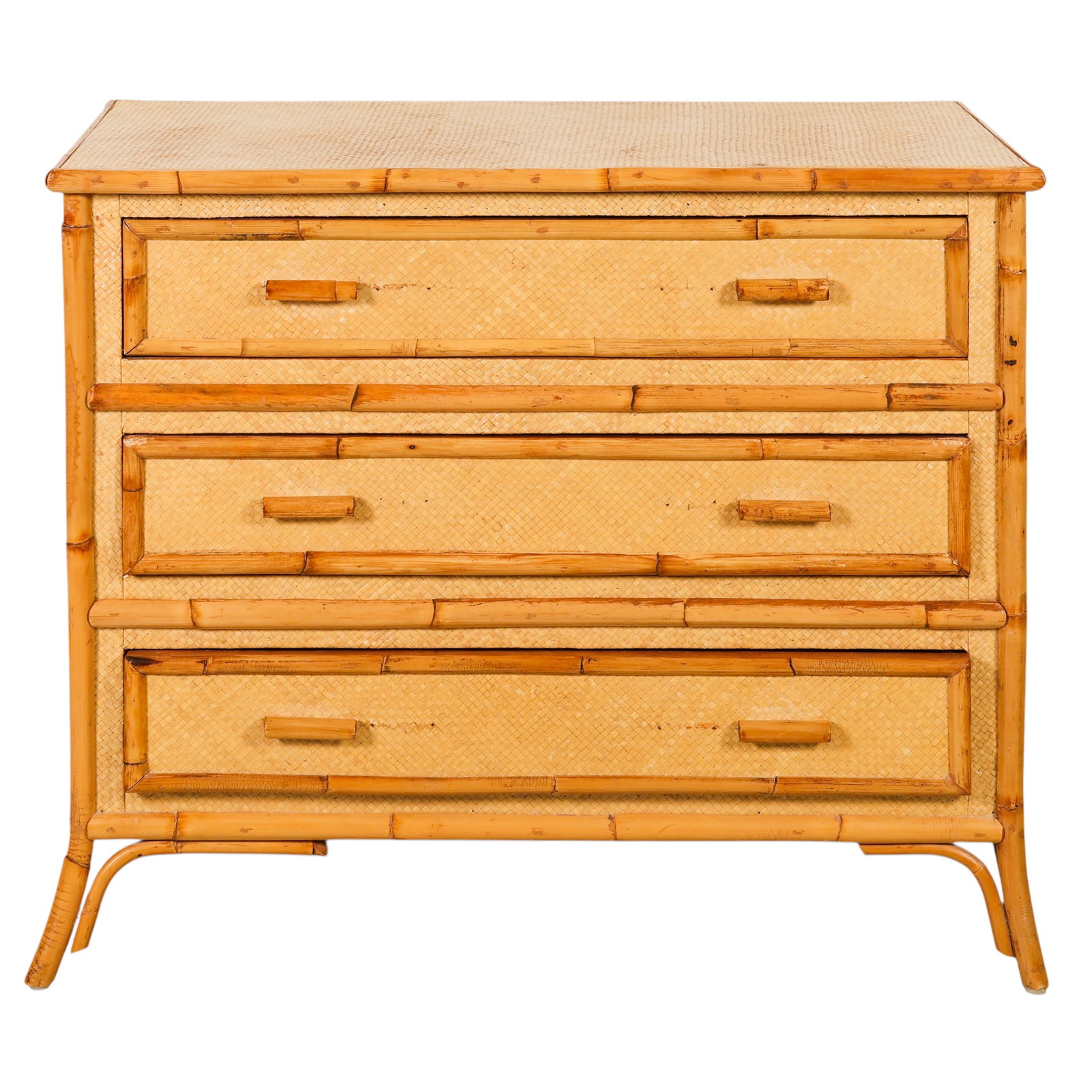 Vintage Coastal Bamboo Grass Cloth 3 Drawer Chest: Vintage coastal bamboo and rattan three-drawer British Colonial and bohemian-style chest featuring bent bamboo-frame construction with grass cloth and woven rattan panels throughout. The case is fitte