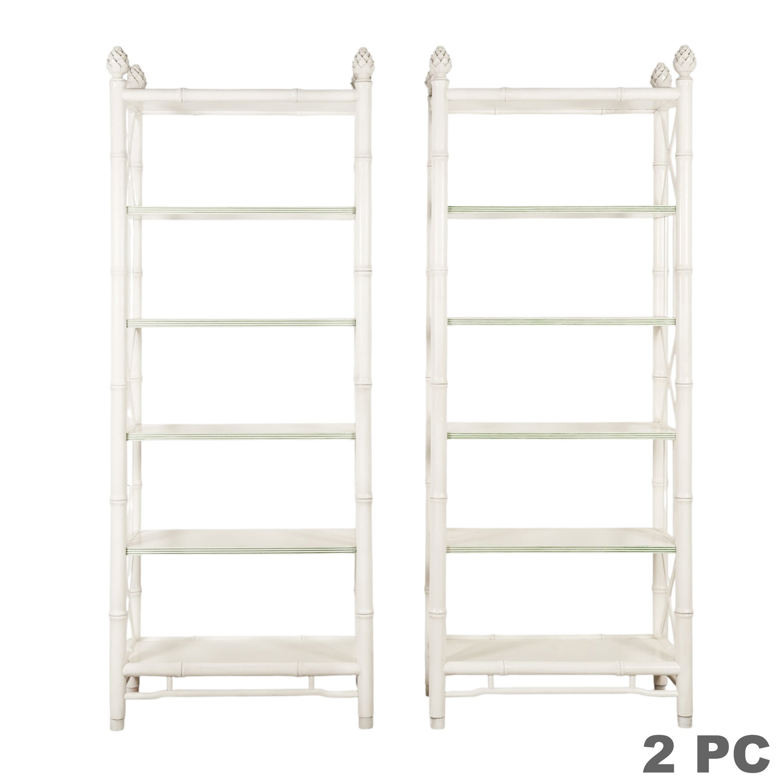 Baker Furniture Pair of Faux Bamboo Bookshelves: Matching pair of Baker Furniture white faux bamboo etagere bookshelf units in the Palm Beach Regency style, each featuring five fixed shelves, X-form side stretchers, lime-green accented trim, and pin
