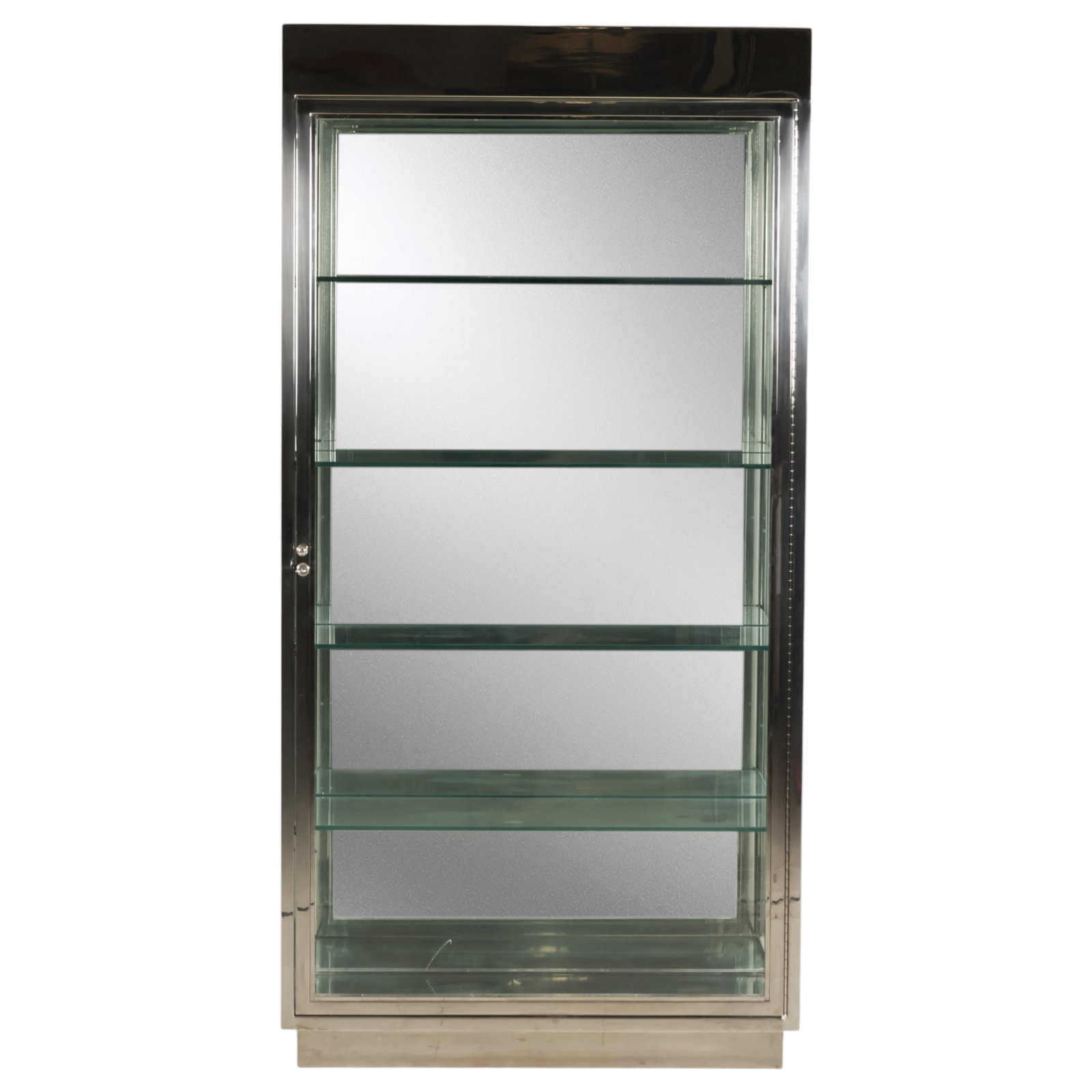 Pace Collection Illuminating Chome Display Case: Mid-Century Modern Pace Collection attributed illuminated display cabinet featuring a Modern Hollywood Regency style design with a polished stainless steel frame, glass sides, mirrored back panel, and