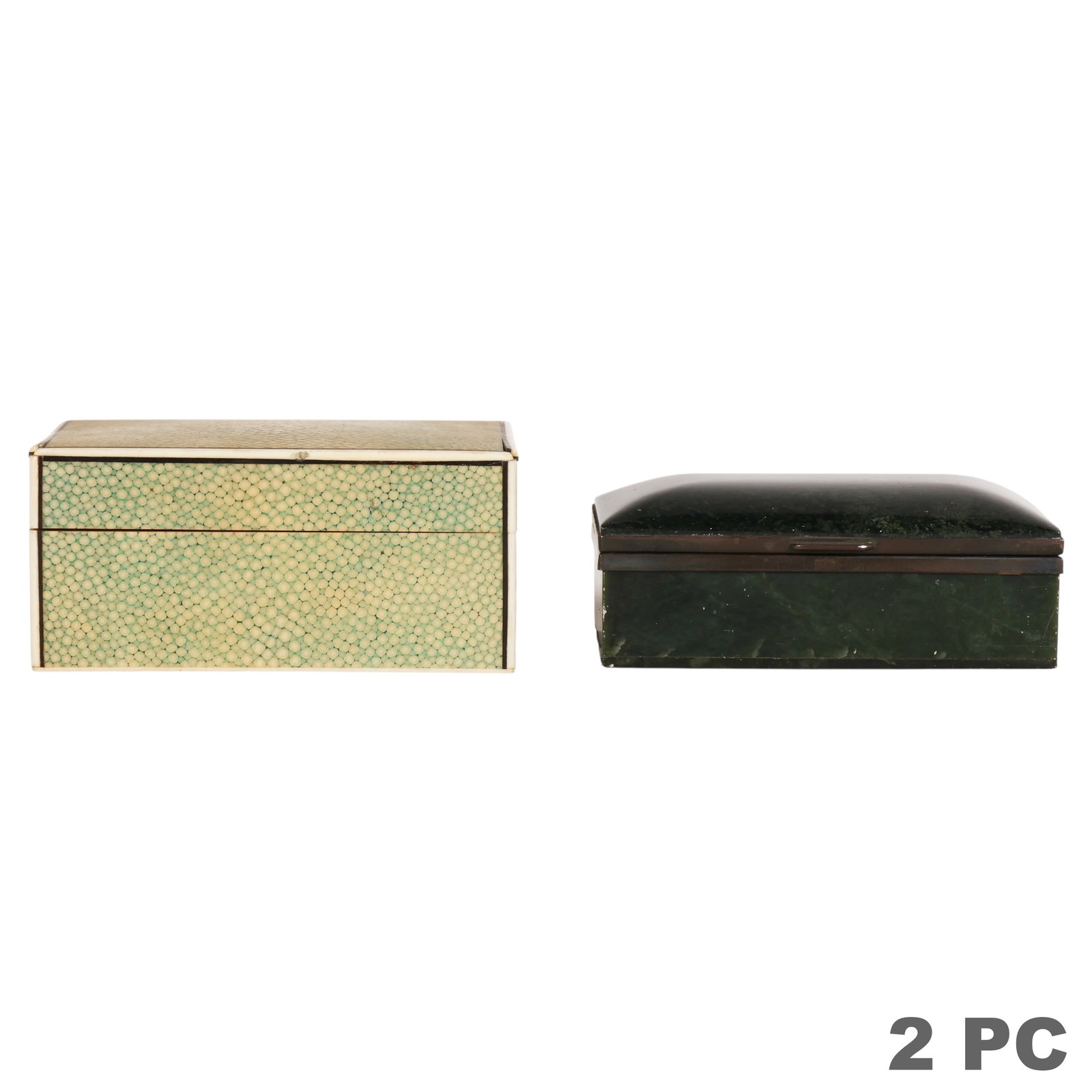 Antique Art Deco Shagreen & Hardstone Box 2pc LOT: Two-piece lot comprising a rectangular shagreen-clad box with contrasting organic material trim and a fitted wood-lined interior, together with a silver-mounted green hardstone hinged box marked "Aust
