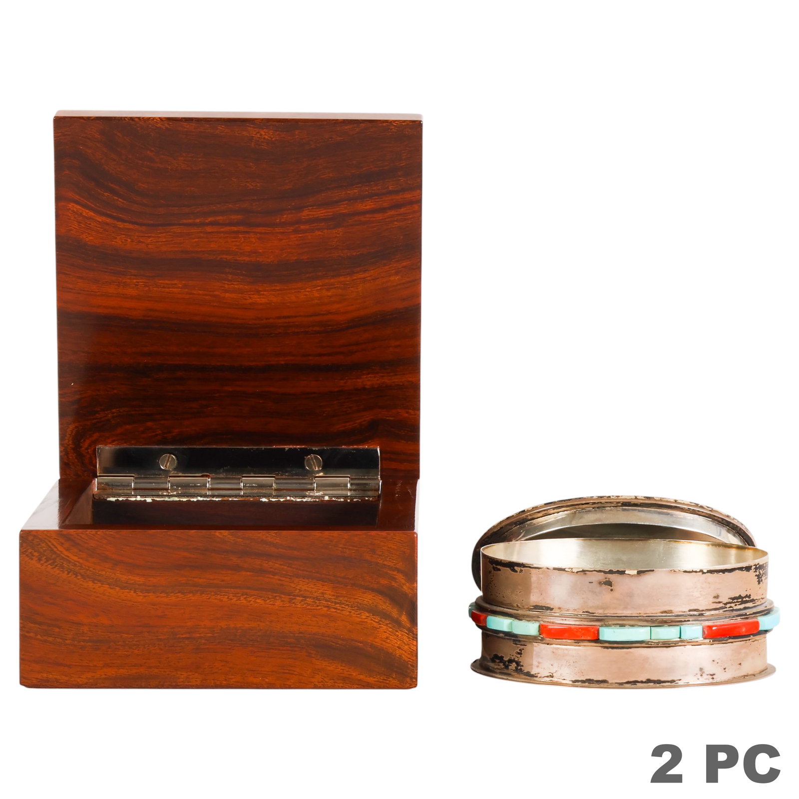 Sterling Silver and Wooden Native American Box LOT: Native American decorative arts lot of two vintage boxes including a hinged rectangular hardwood box mounted with a large silver concho featuring a central turquoise cabochon, together with an oval st