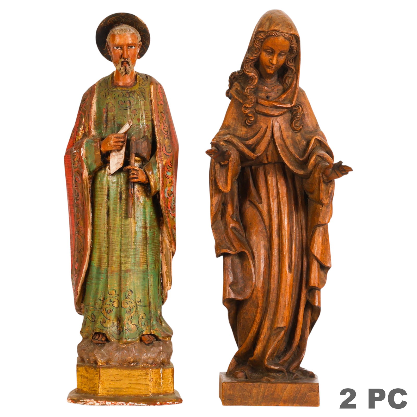 Antique Religious Carved Wood Santos Sculpture LOT: Lot of two carved wooden devotional santos sculptures comprising a figure of the Virgin Mary with flowing robes and outstretched hands, stamped "Germany" on the underside, and a polychromed carved fig