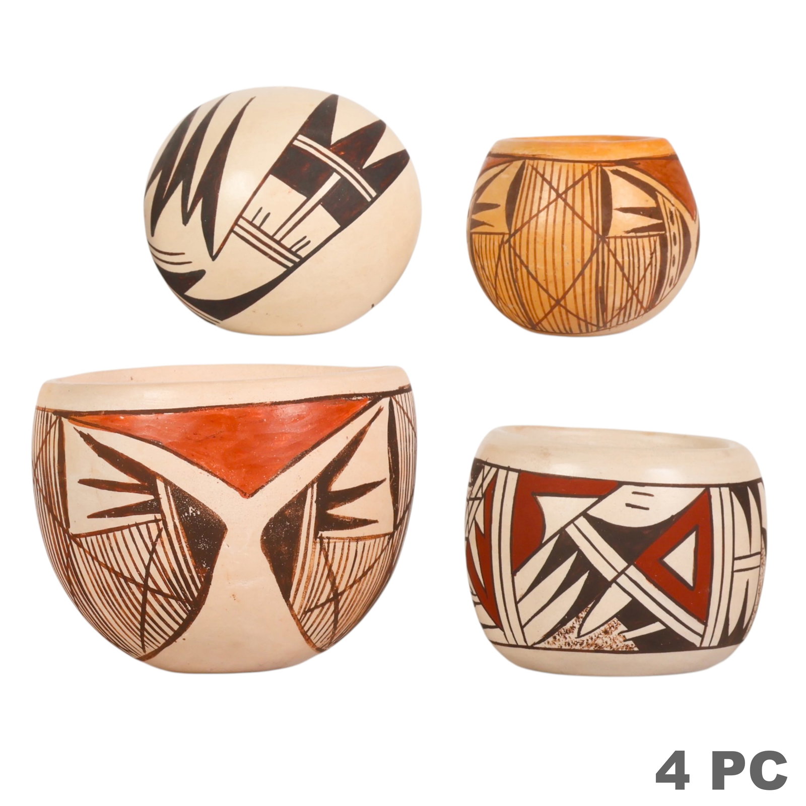 Southwestern Native American Mini Pottery Vase LOT: Collection of four vintage hand-crafted Southwestern Native American pottery vessels comprising three miniature olla-form pots and one bowl-form vessel. Decorated with traditional geometric and abstra