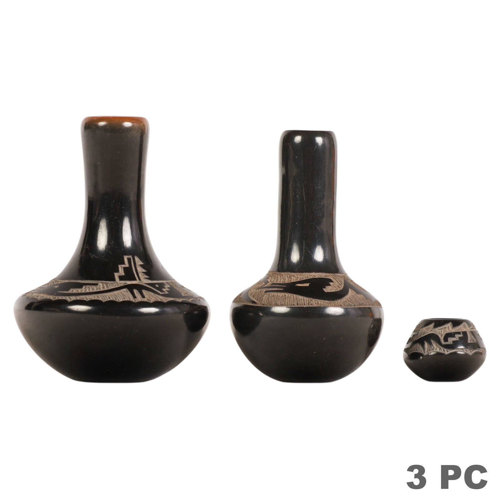 Geri Naranjo b.1952 Mini Santa Clara Blackware LOT: Geri Naranjo (Native American, Santa Clara Pueblo, New Mexico, born 1952), lot of three miniature Santa Clara Pueblo blackware pottery vessels comprising two bottle form examples and one jar. Each fea