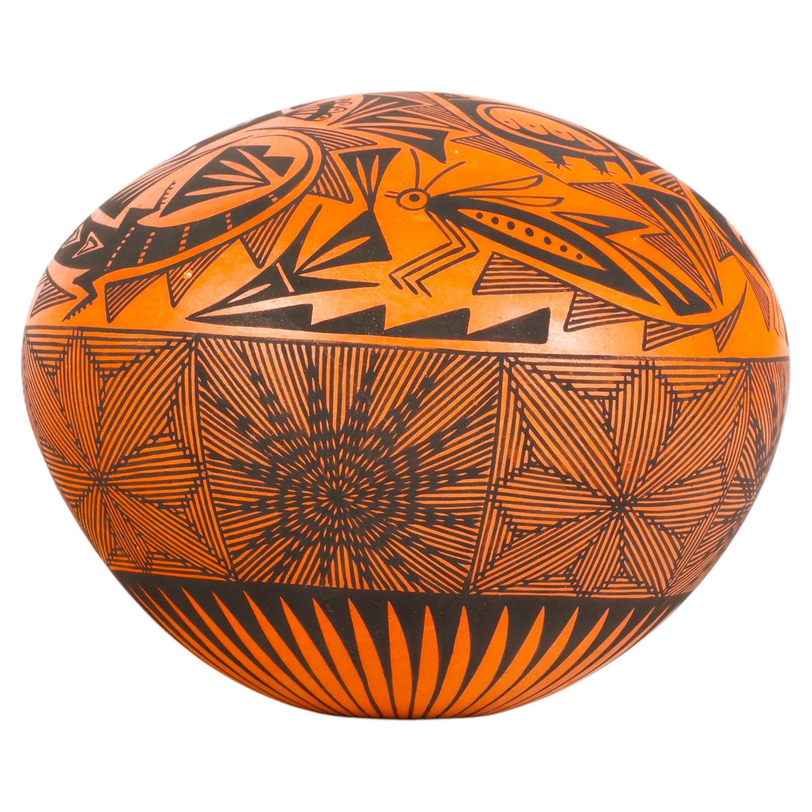 Barbara Joseph Cerno b.1951 Acoma Pottery Vessel: Barbara and Joseph Cerno (Native American, Acoma Pueblo/Hopi, born 1951 and 1947), hand crafted pottery jar of flattened globular form with a small aperture. Finely decorated in black over an orange c