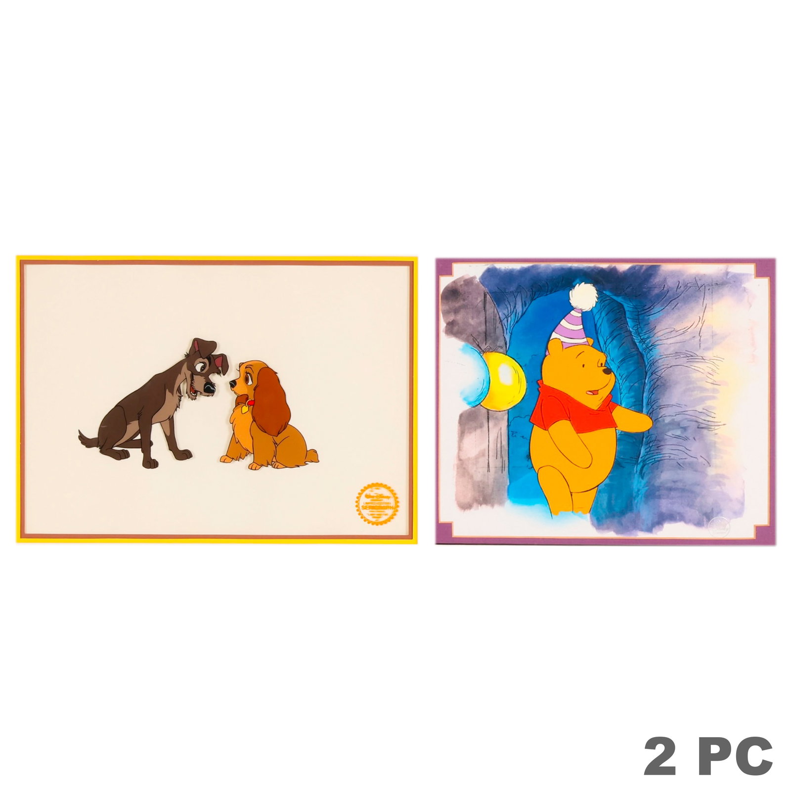 Disney Lady & The Tramp Winnie the Pooh Cel 2p LOT: Walt Disney Company lot of two limited edition serigraph cels. The first depicts Lady and the Tramp and is presented under plexiglass in a giltwood frame measuring approximately 17.25 x 21.25 x 1 inch