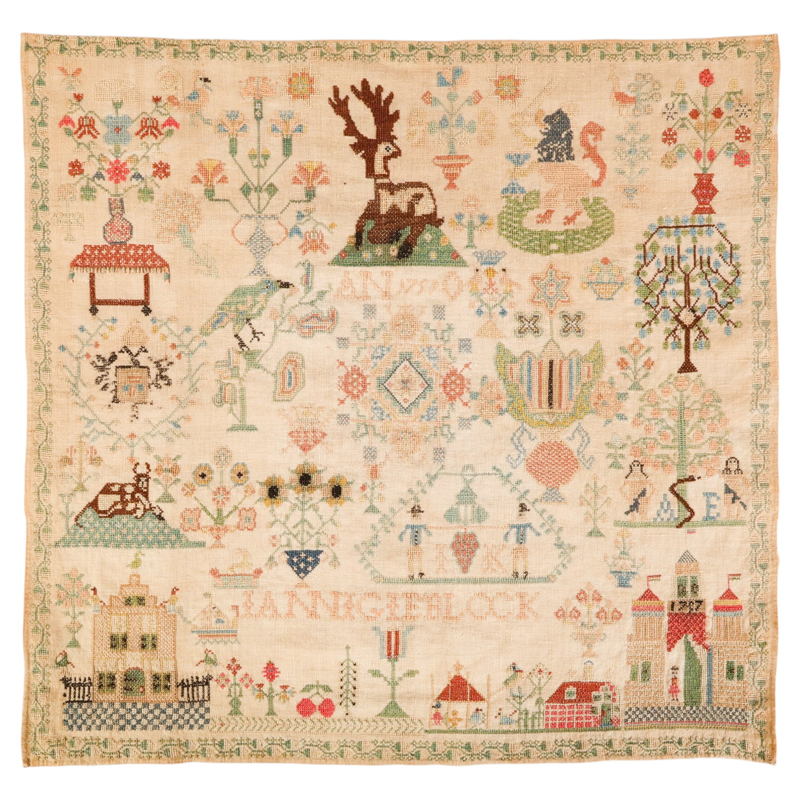 Antique 1759 Birds and Animals Schoolgirls Sampler (1 of 6)