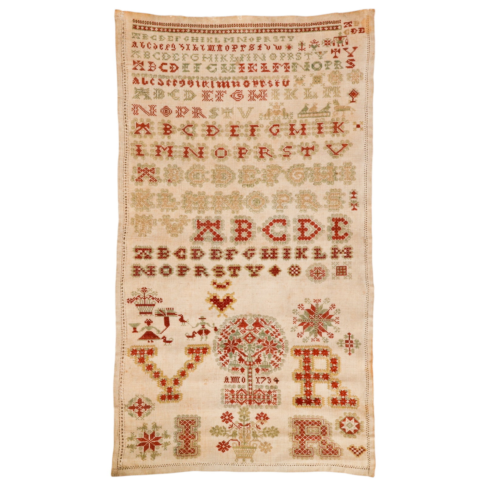 Antique 1734 Schoolgirls Alphabet Folk Art Sampler (1 of 6)