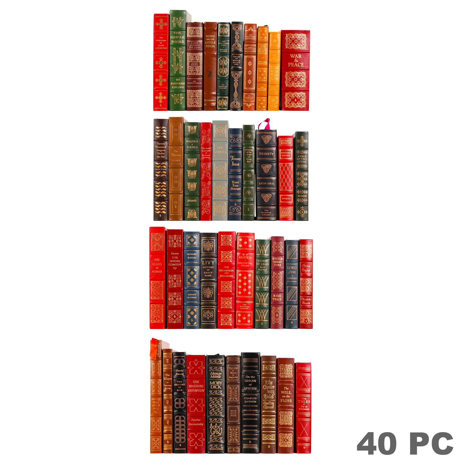 Easton Press Greatest Books Ever Written 40pc LOT: Forty-volume Franklin Library and Easton Press collection comprising decorative leather-bound editions of classic literature, philosophy, history, science, and poetry. Highlights include Tolstoy's War