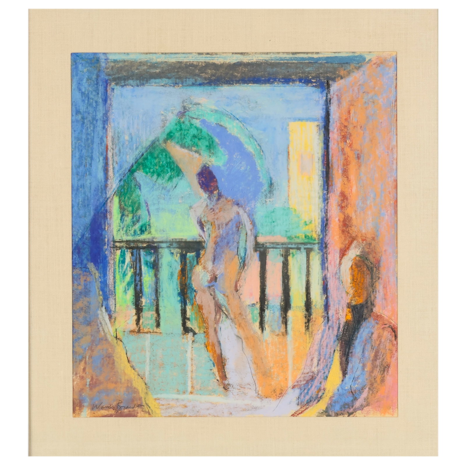 Warren Brandt 1918-2002 Girl on a Balcony Pastel: Warren Brandt (American, 1918-2002), Balcony, pastel on paper depicting a standing female figure before a balcony rendered in vibrant blue, lavender, peach, and yellow tones. Executed in the artist's 