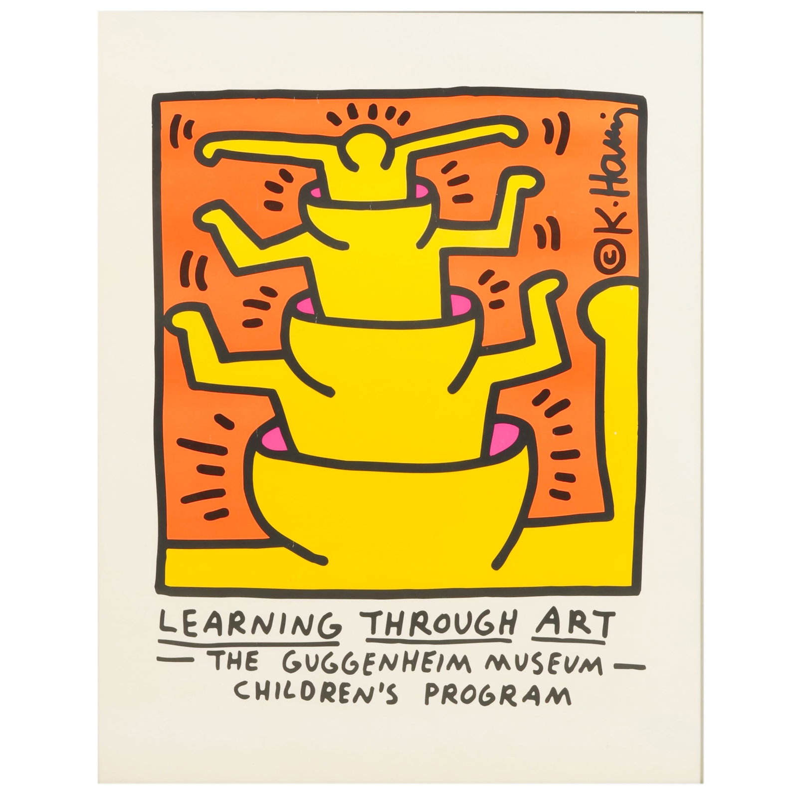 Keith Haring Learning Through Art Museum Poster: Keith Haring (American, 1958-1990), Learning Through Art The Guggenheim Museum Children's Program, vintage color exhibition poster on paper, featuring Haring's iconic stylized figures in yellow agains