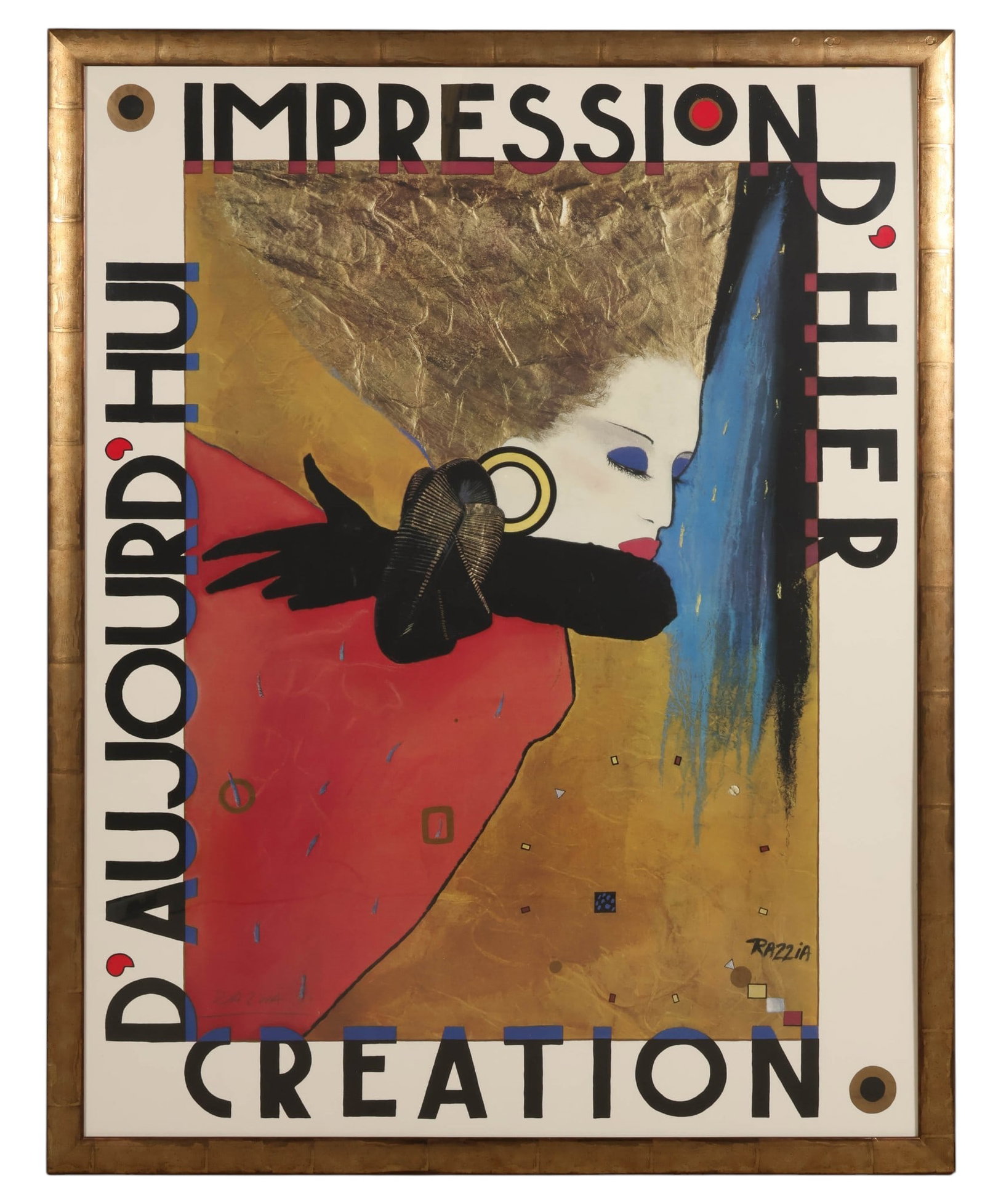Razzia b.1950 Impression Dhier 1987 Poster FRAMED: Razzia (Gerard Courbouleix-Deneriaz) (French born 1950), Impression d'Hier, 1987, color lithograph poster on paper. Depicts a stylized female figure with angular features and voluminous gold-toned hai